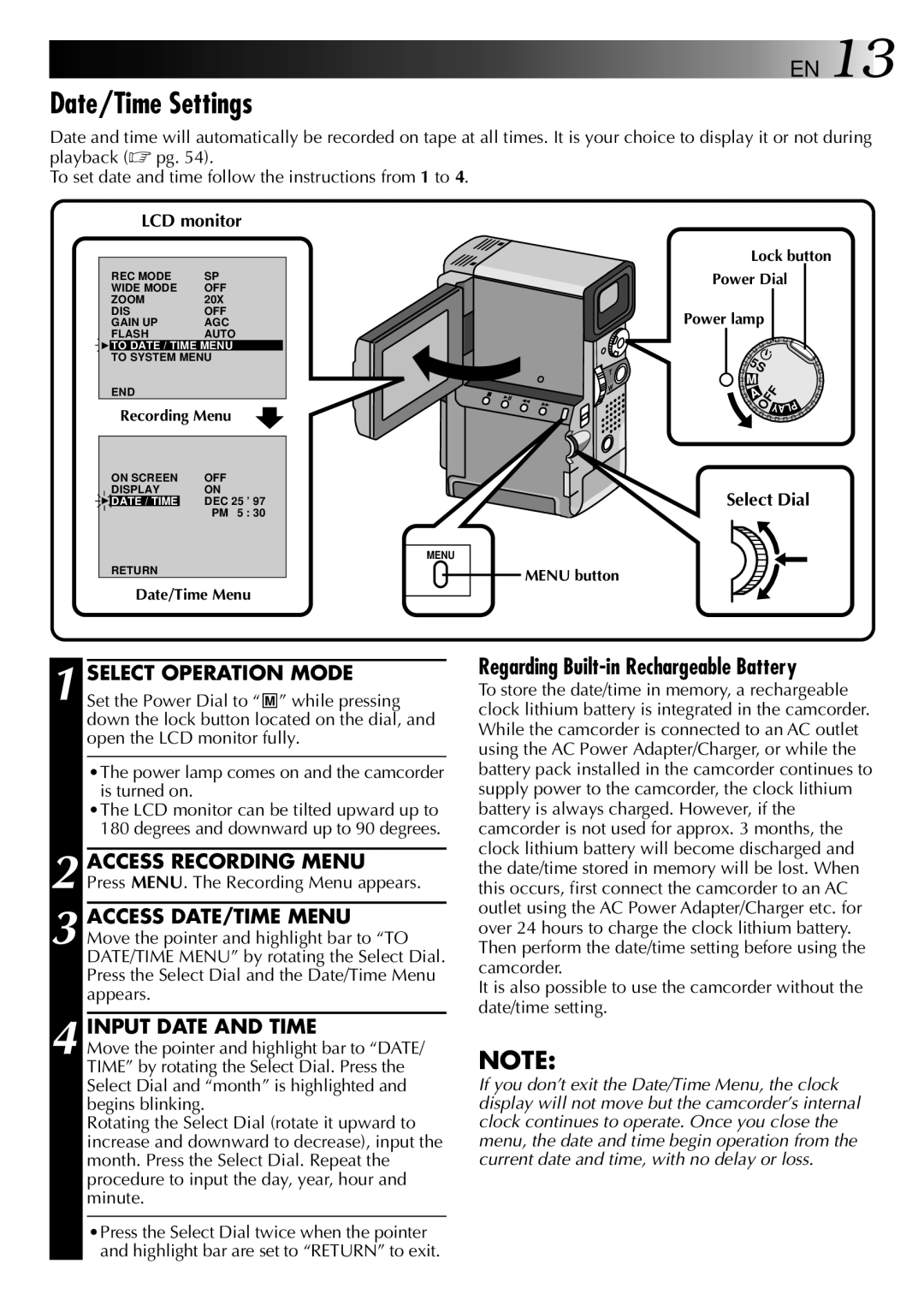 JVC GR-DVX manual Date/Time Settings, Select Operation Mode, Input Date and Time, LCD monitor, Select Dial 