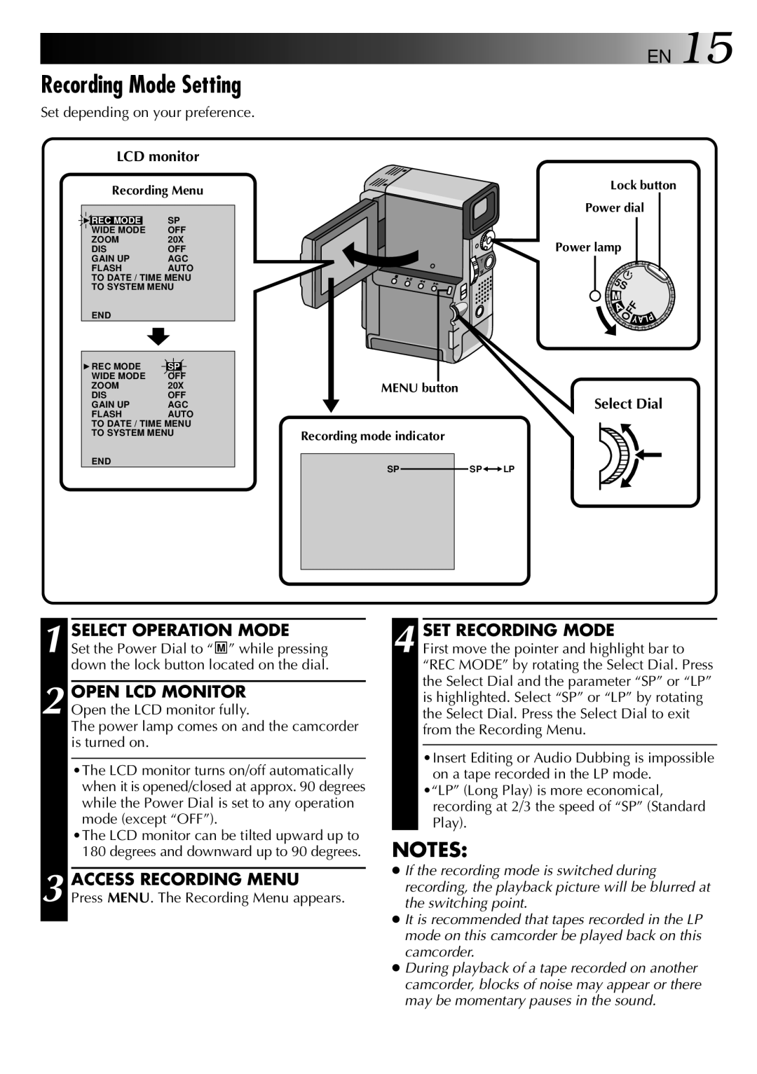 JVC GR-DVX manual Recording Mode Setting, SET Recording Mode, Set depending on your preference 