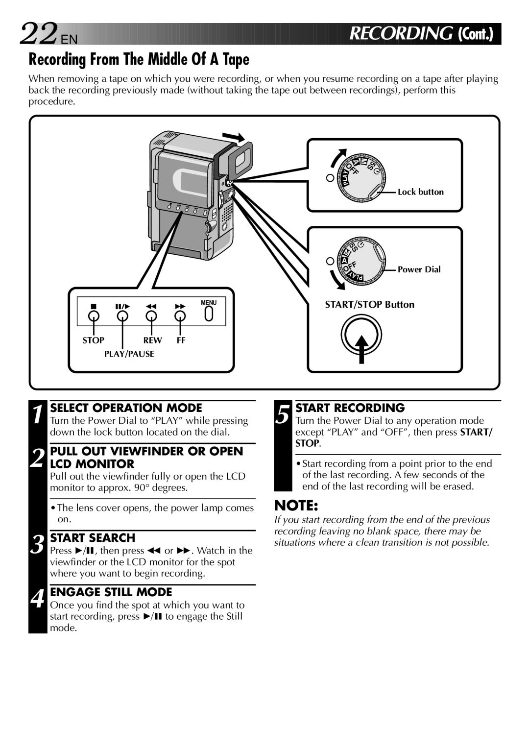 JVC GR-DVX manual Recording From The Middle Of a Tape, Start Search, Engage Still Mode 