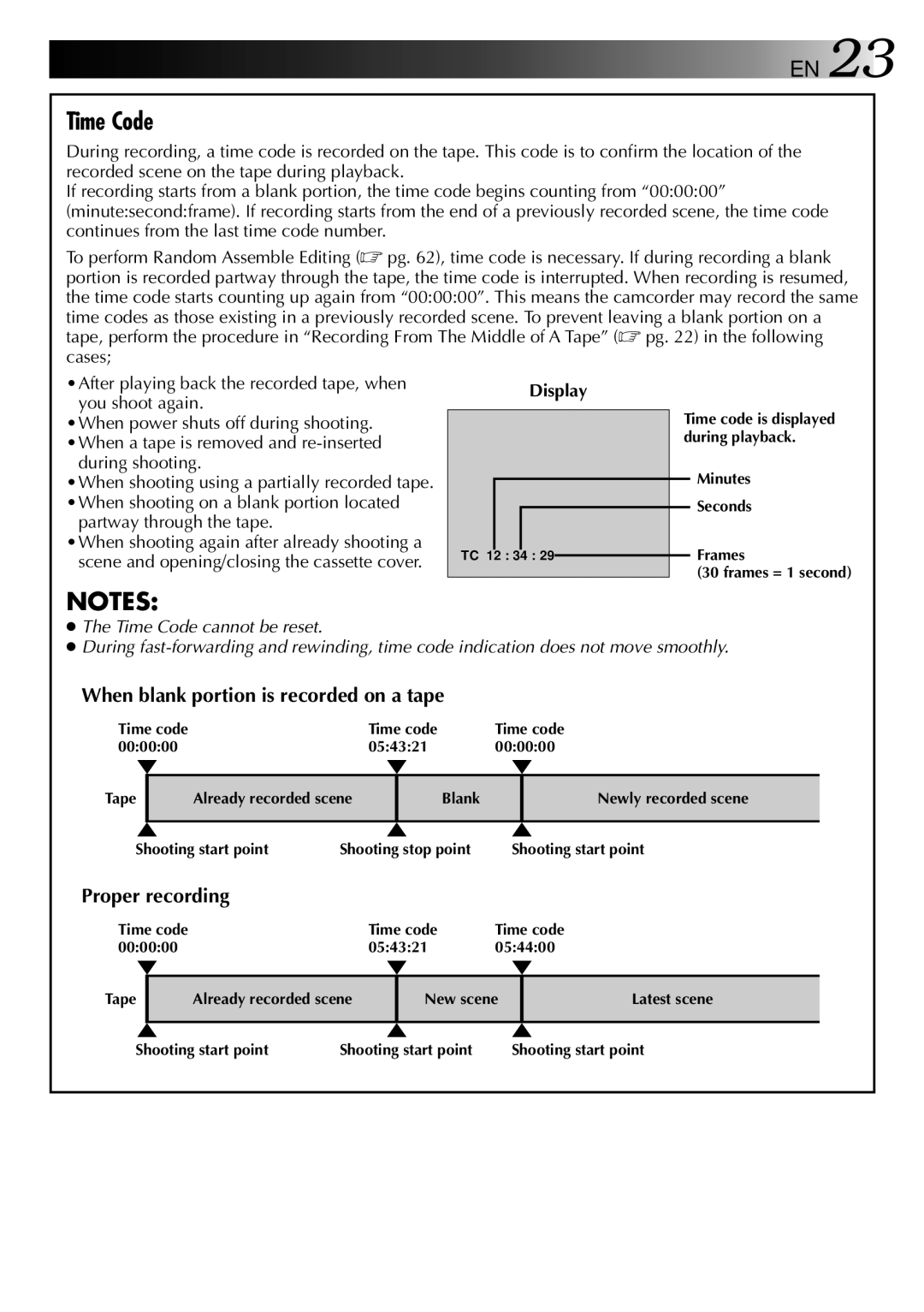 JVC GR-DVX manual Time Code, When blank portion is recorded on a tape, Proper recording, During shooting 