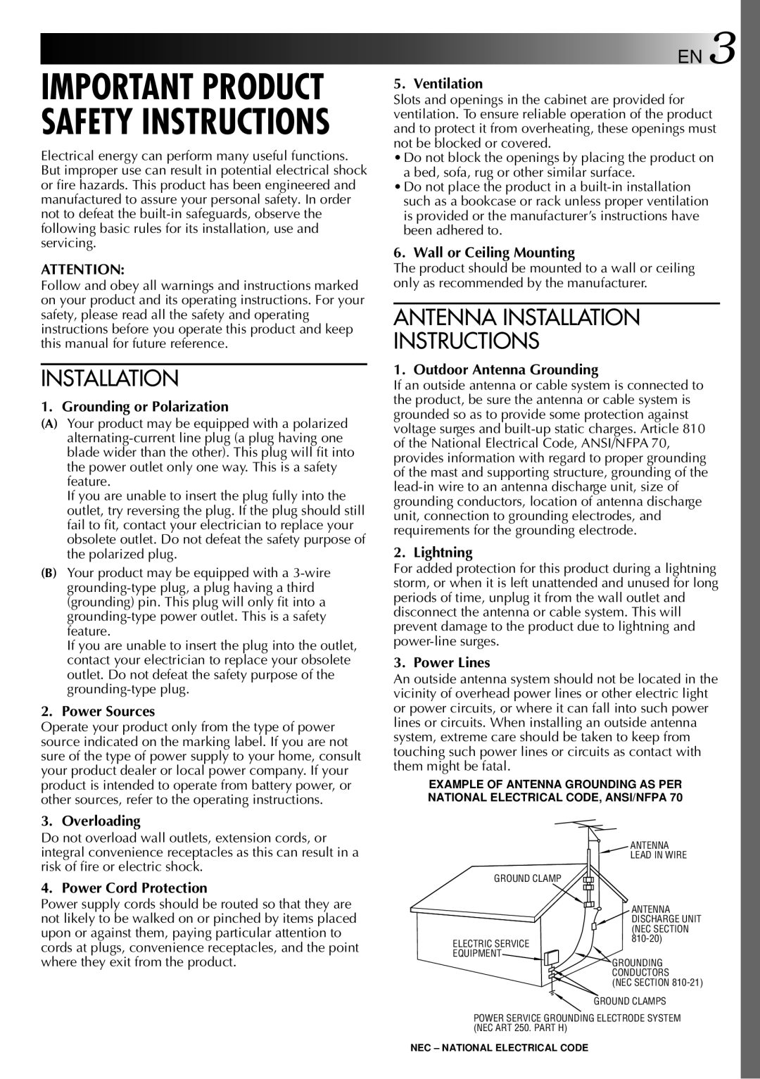 JVC GR-DVX manual Grounding or Polarization, Power Sources, Overloading, Power Cord Protection, Ventilation, Lightning 