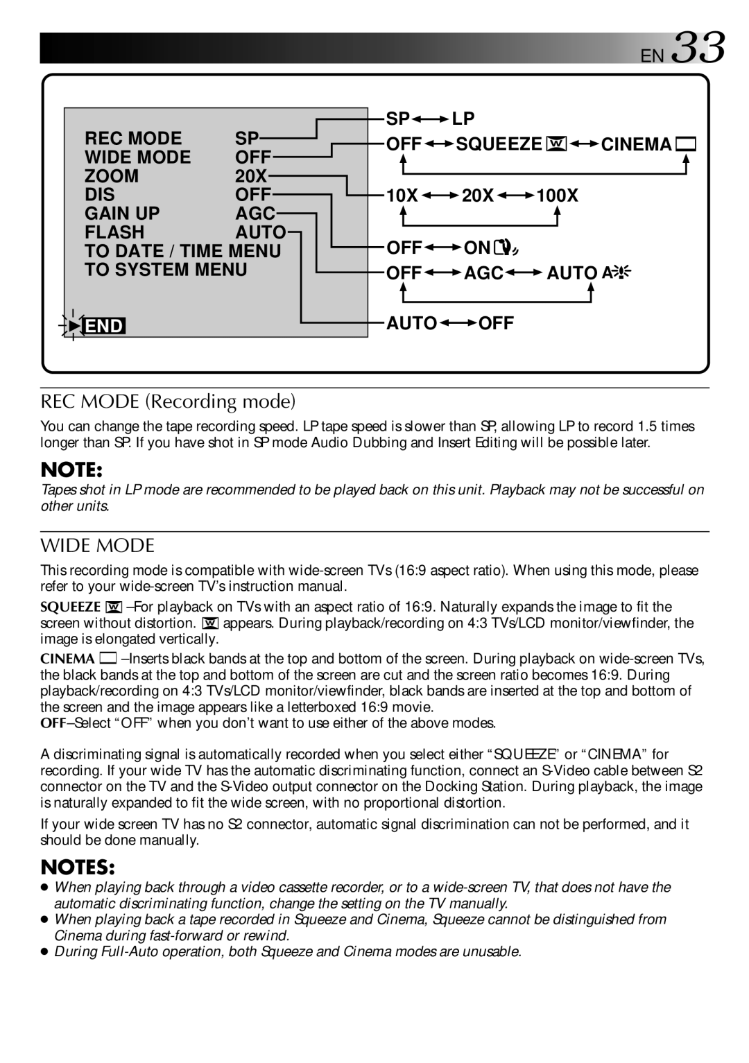 JVC GR-DVX manual REC Mode Recording mode, Wide Mode 