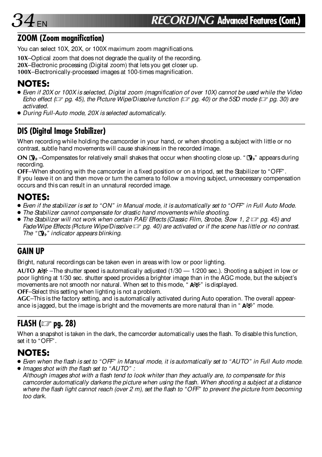 JVC GR-DVX manual Zoom Zoom magnification, DIS Digital Image Stabilizer, Flash pg 