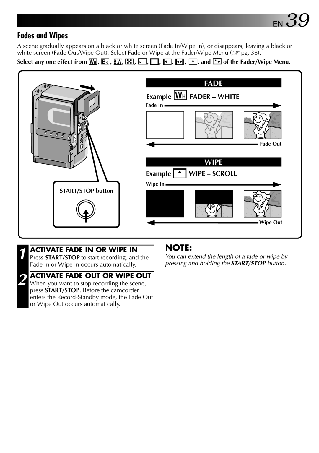 JVC GR-DVX manual Fades and Wipes, Example WH, Fader White, Wipe Scroll 