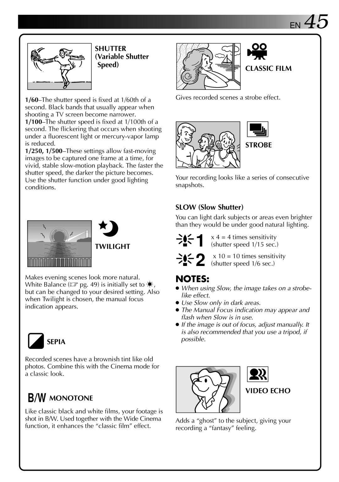 JVC GR-DVX manual Classic Film, Strobe, Twilight, Sepia, Monotone, Video Echo 