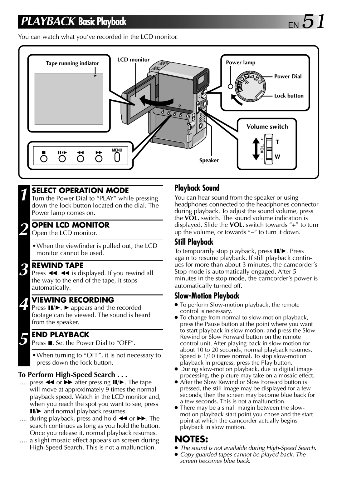 JVC GR-DVX manual Rewind Tape, Viewing Recording, END Playback, To Perform High-Speed Search, Volume switch 