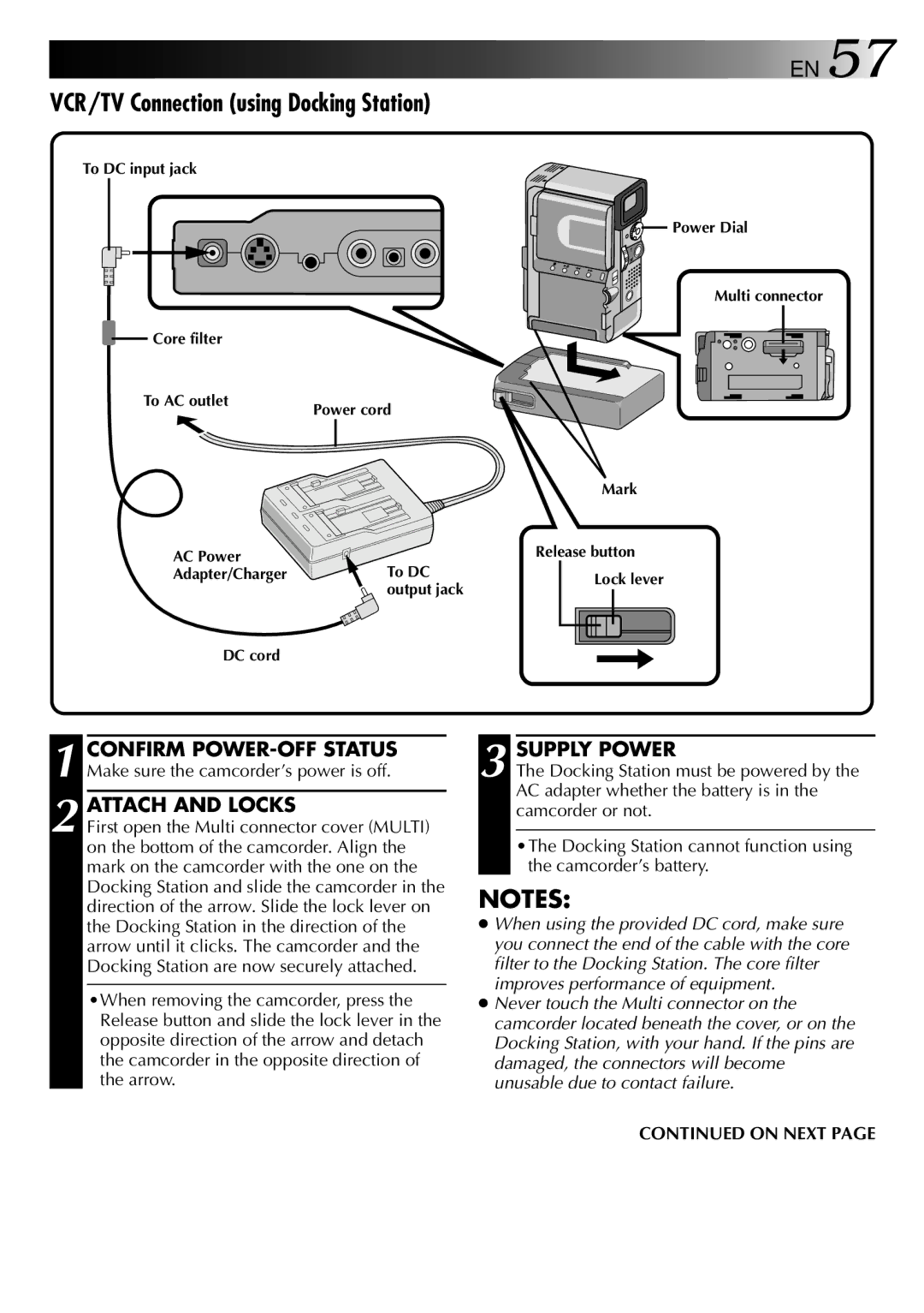 JVC GR-DVX manual VCR/TV Connection using Docking Station, Confirm POWER-OFF Status Supply Power, Attach and Locks 