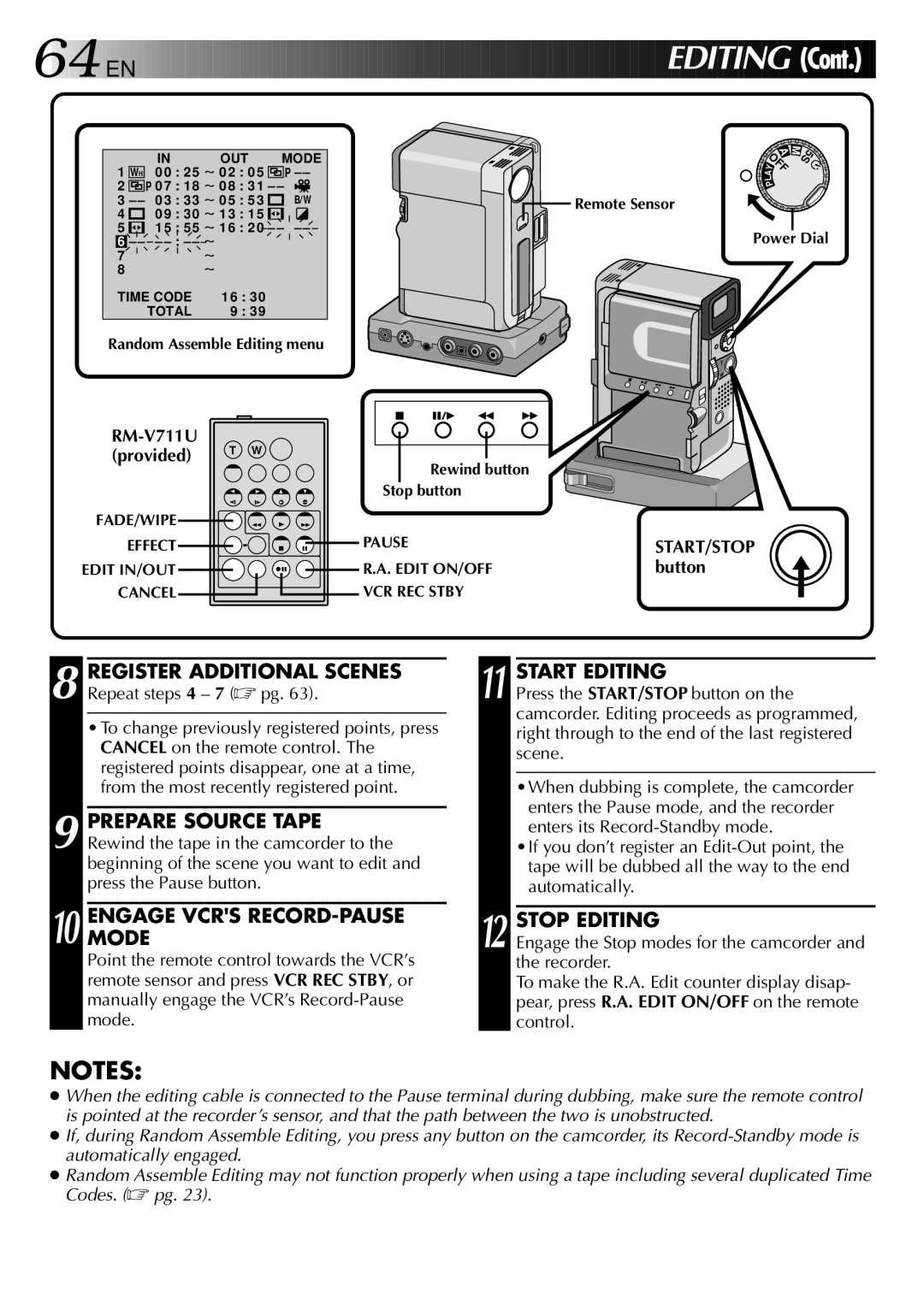 JVC GR-DVX manual Engagemode Vcrs RECORD-PAUSE, Start Editing, Stop Editing, Button 