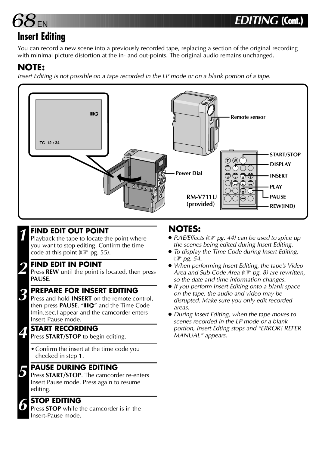 JVC GR-DVX manual Insert Editing, Find Edit OUT Point, Find Edit in Point, Pause During Editing 