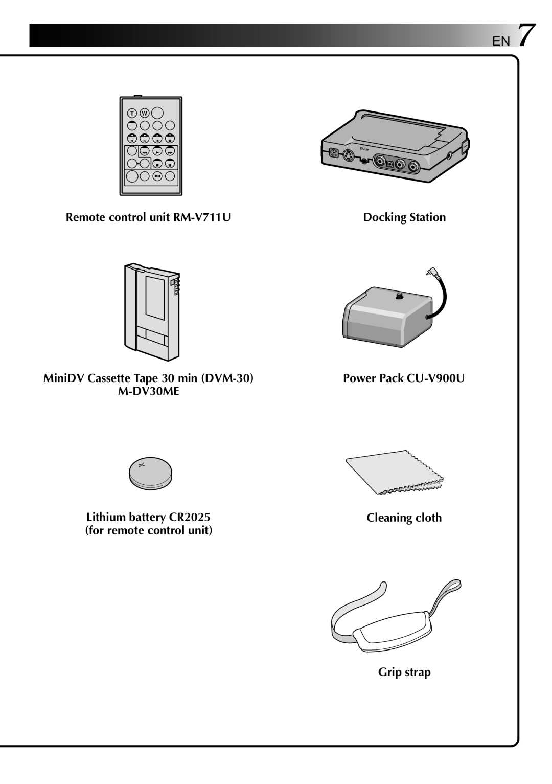 JVC GR-DVX manual Remote control unit RM-V711U, DV30ME, Lithium battery CR2025, For remote control unit Grip strap 