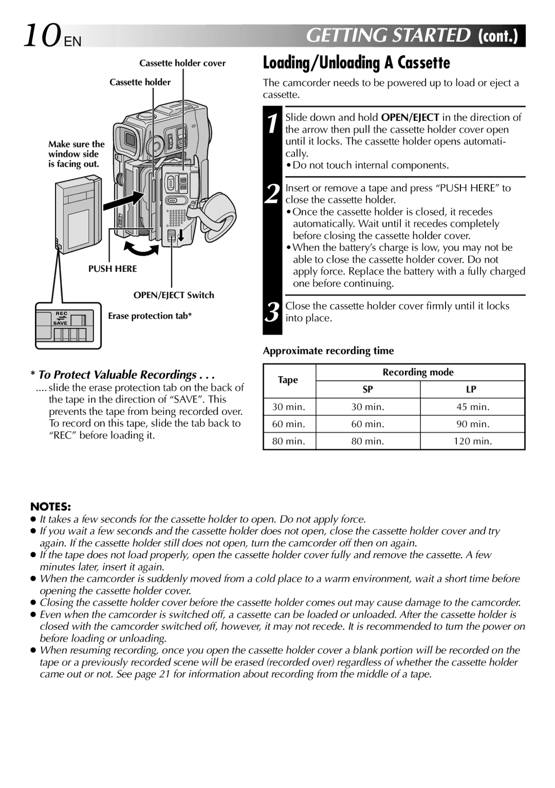 JVC GR-DVX10 10 EN, Loading/Unloading a Cassette, Cassette holder cover, OPEN/EJECT Switch Erase protection tab 