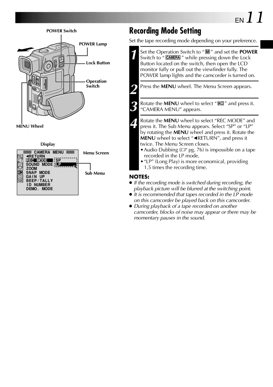 JVC GR-DVX10 specifications Recording Mode Setting, EN11, Display, Menu Screen Sub Menu 