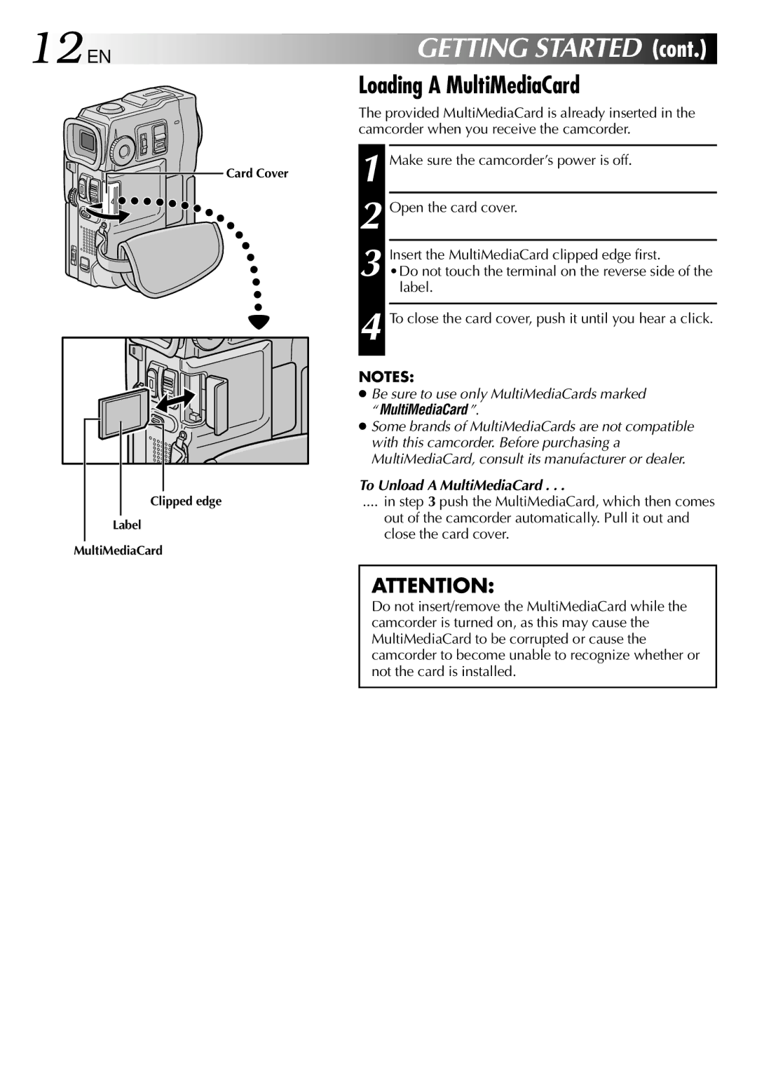 JVC GR-DVX10 specifications 12 EN, Loading a MultiMediaCard, To Unload a MultiMediaCard 