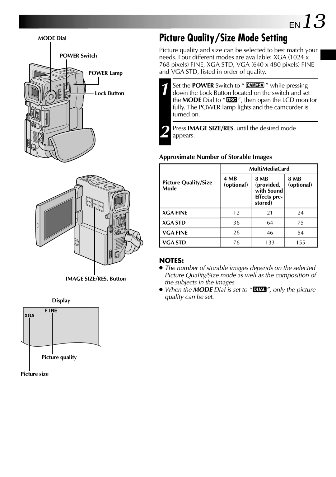 JVC GR-DVX10 specifications Picture Quality/Size Mode Setting, EN13, Approximate Number of Storable Images 