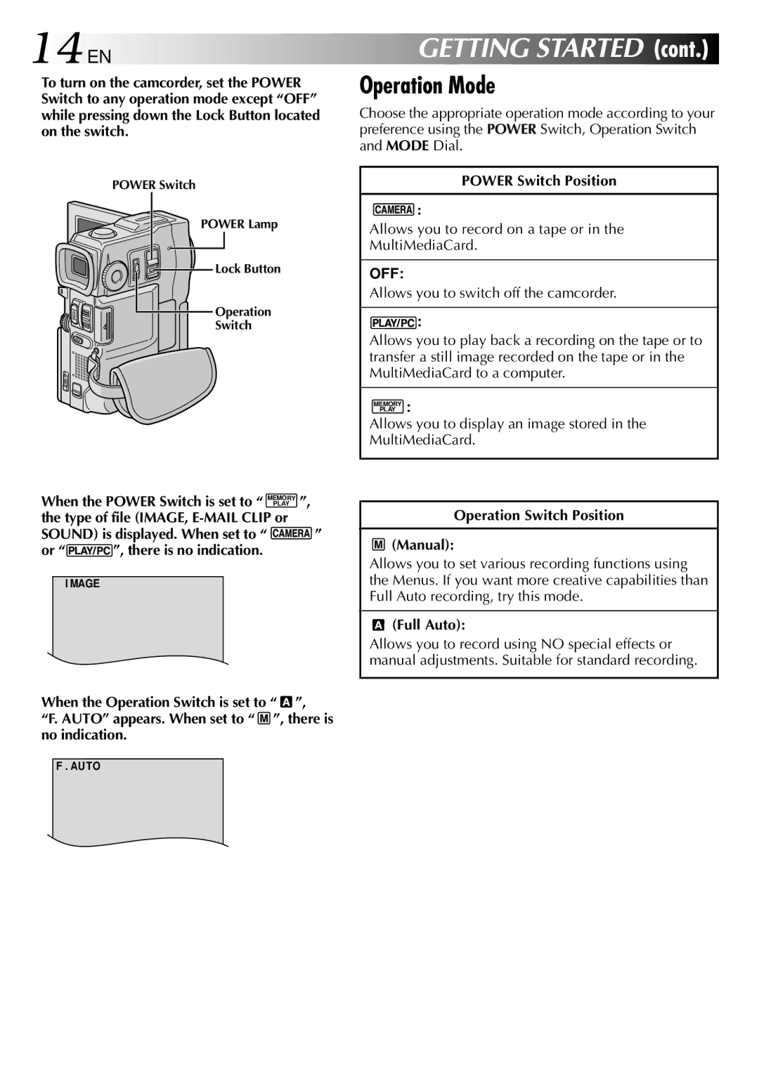 JVC GR-DVX10 specifications 14 EN, Operation Mode, Power Switch Position, Operation Switch Position Manual, Full Auto 