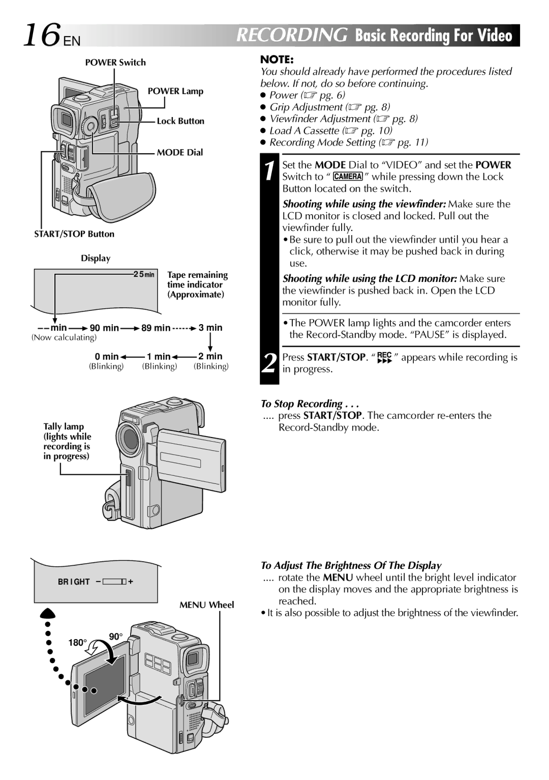 JVC GR-DVX10 specifications 16 EN, Press START/STOP, To Stop Recording, To Adjust The Brightness Of The Display 