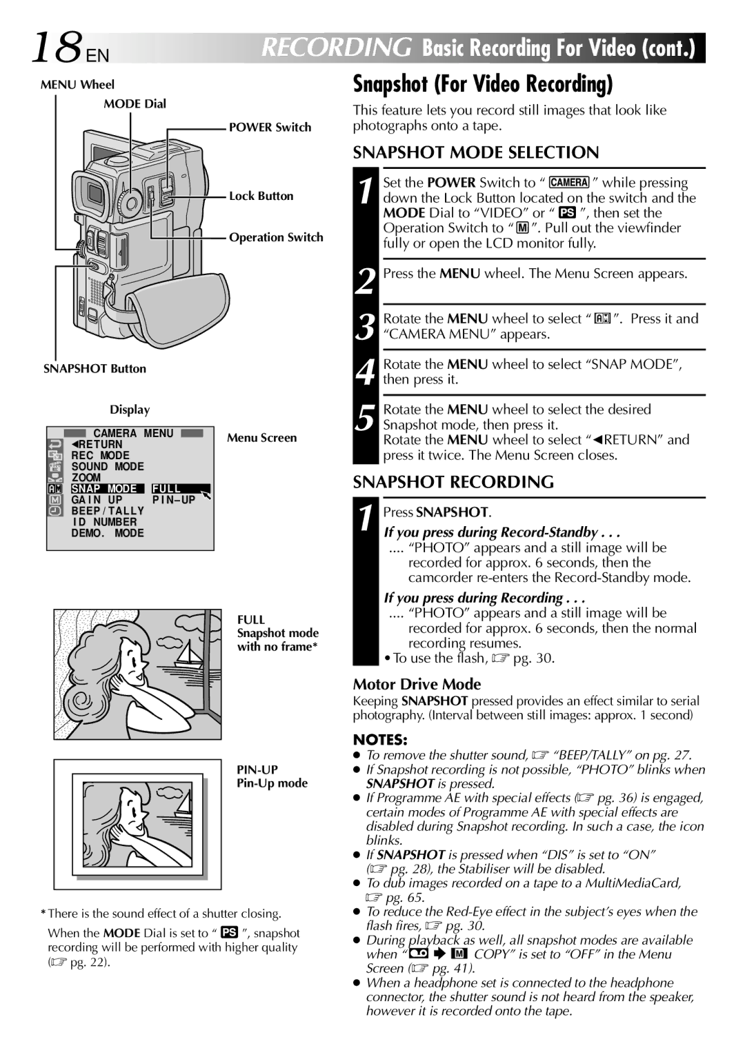 JVC GR-DVX10 specifications 18 EN, Snapshot For Video Recording, Snapshot Mode Selection, Snapshot Recording 