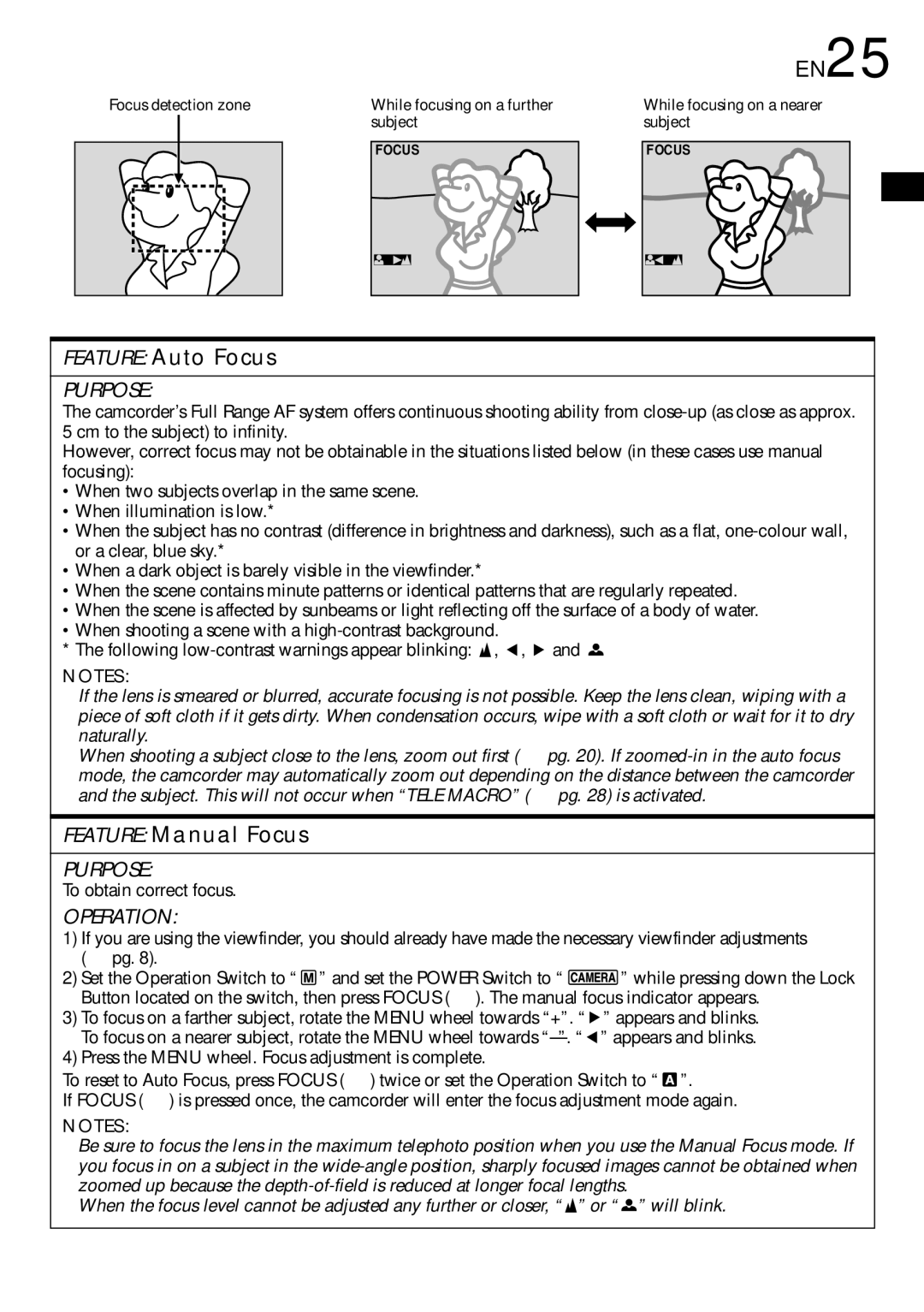JVC GR-DVX10 specifications EN25, Feature Auto Focus, Feature Manual Focus, To obtain correct focus 