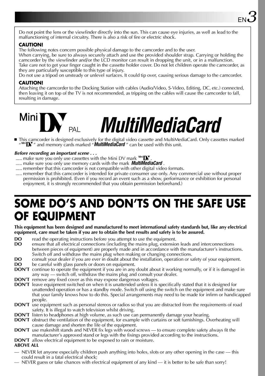 JVC GR-DVX10 specifications Some DO’S and DON’TS on the Safe USE of Equipment 