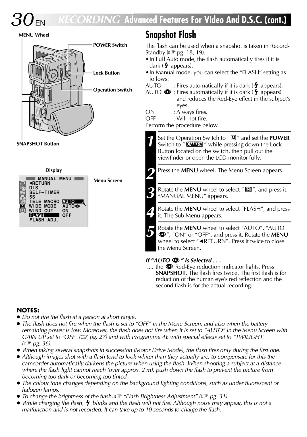 JVC GR-DVX10 specifications Snapshot Flash, If Auto Is Selected 