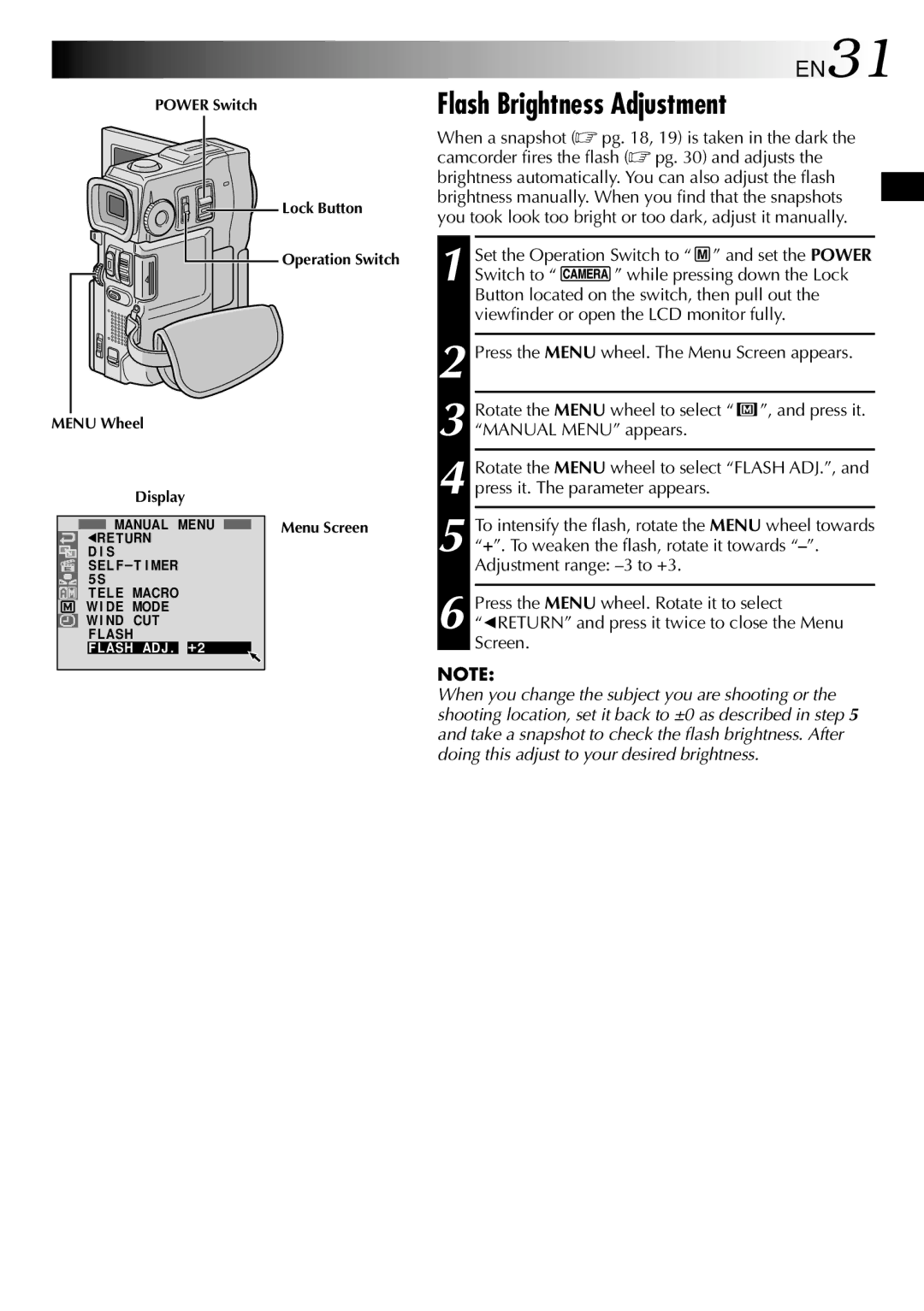 JVC GR-DVX10 Flash Brightness Adjustment, EN31, Power Switch Lock Button Operation Switch, Menu Wheel Display 