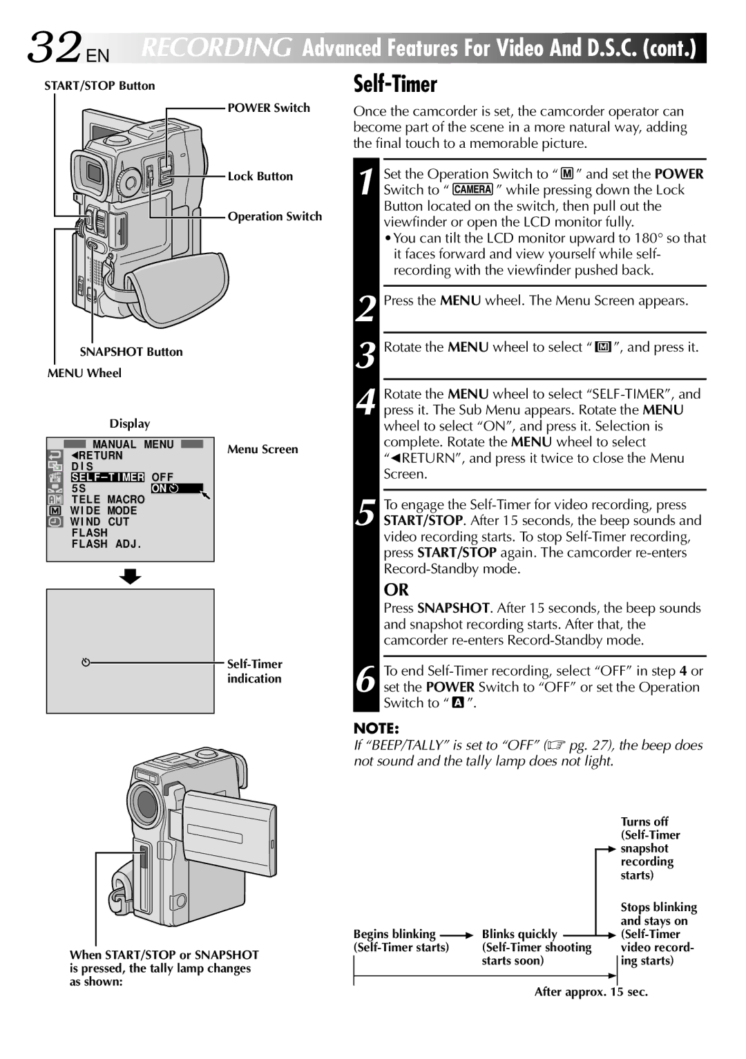 JVC GR-DVX10 specifications Self-Timer, Rotate the Menu wheel to select , and press it 