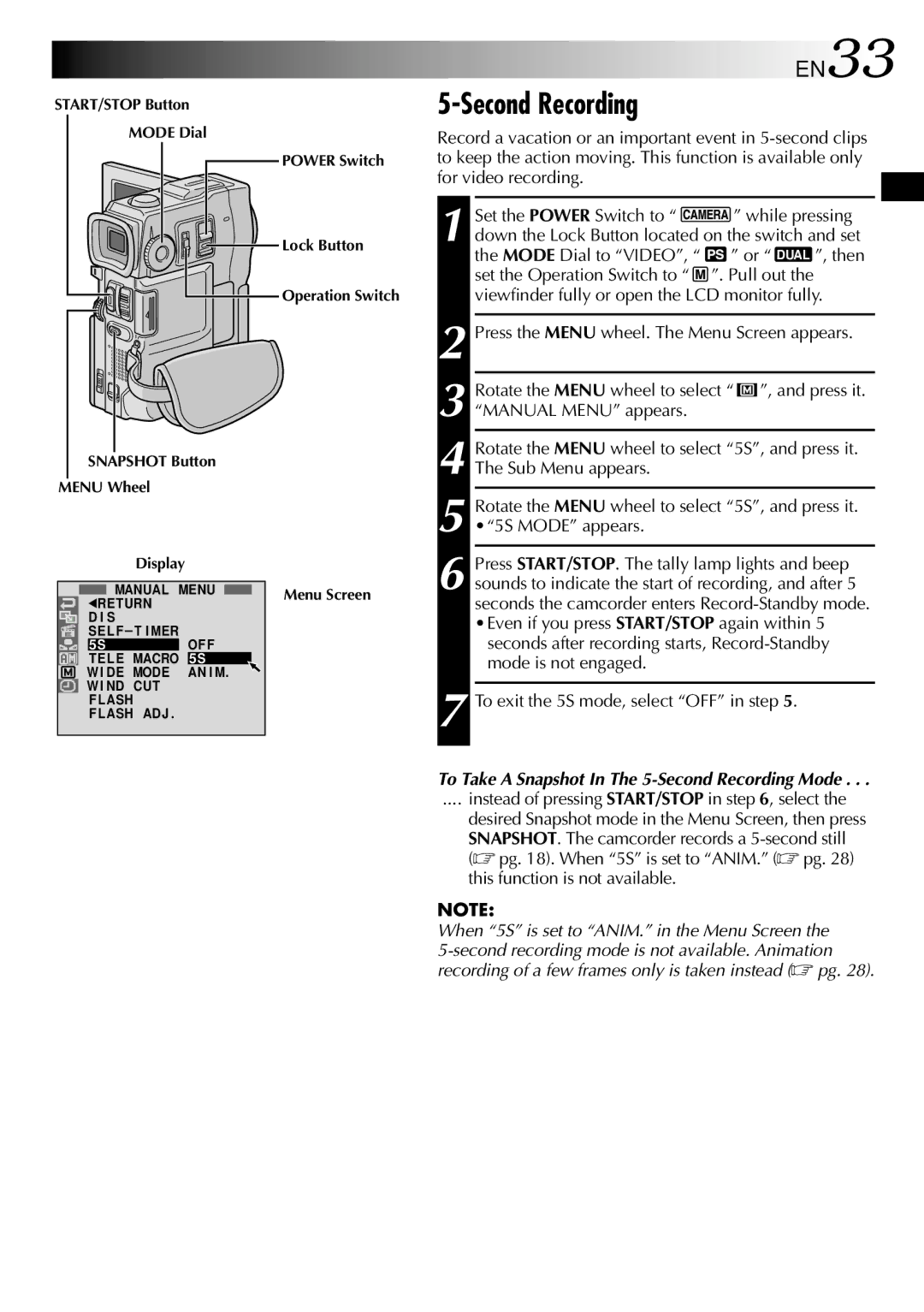 JVC GR-DVX10 specifications Second Recording, EN33, Mode Dial to Video 