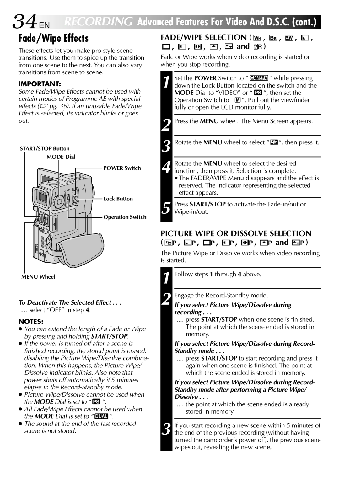 JVC GR-DVX10 Fade/Wipe Effects, FADE/WIPE Selection, Picture Wipe or Dissolve Selection, To Deactivate The Selected Effect 