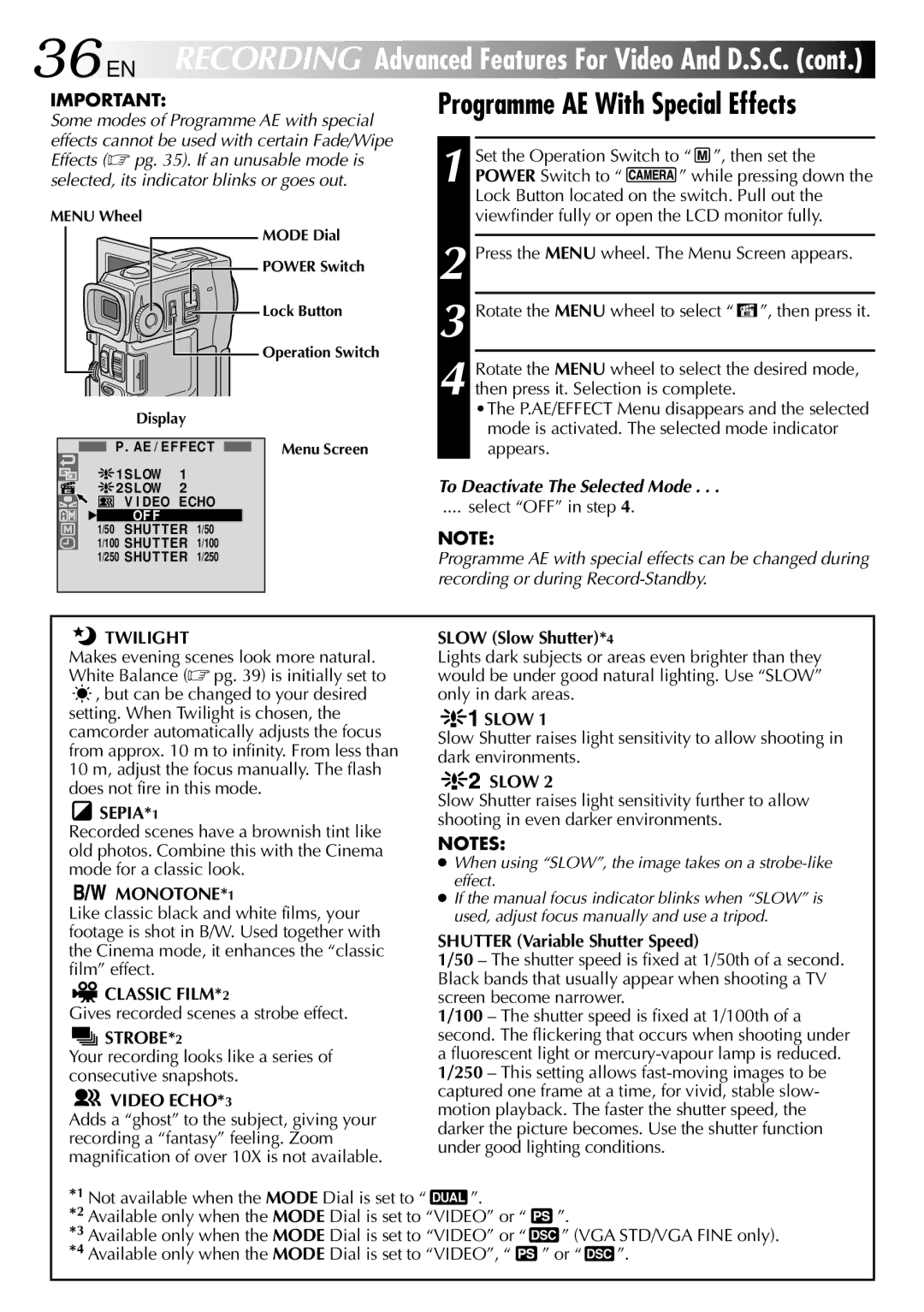 JVC GR-DVX10 specifications Programme AE With Special Effects, To Deactivate The Selected Mode 