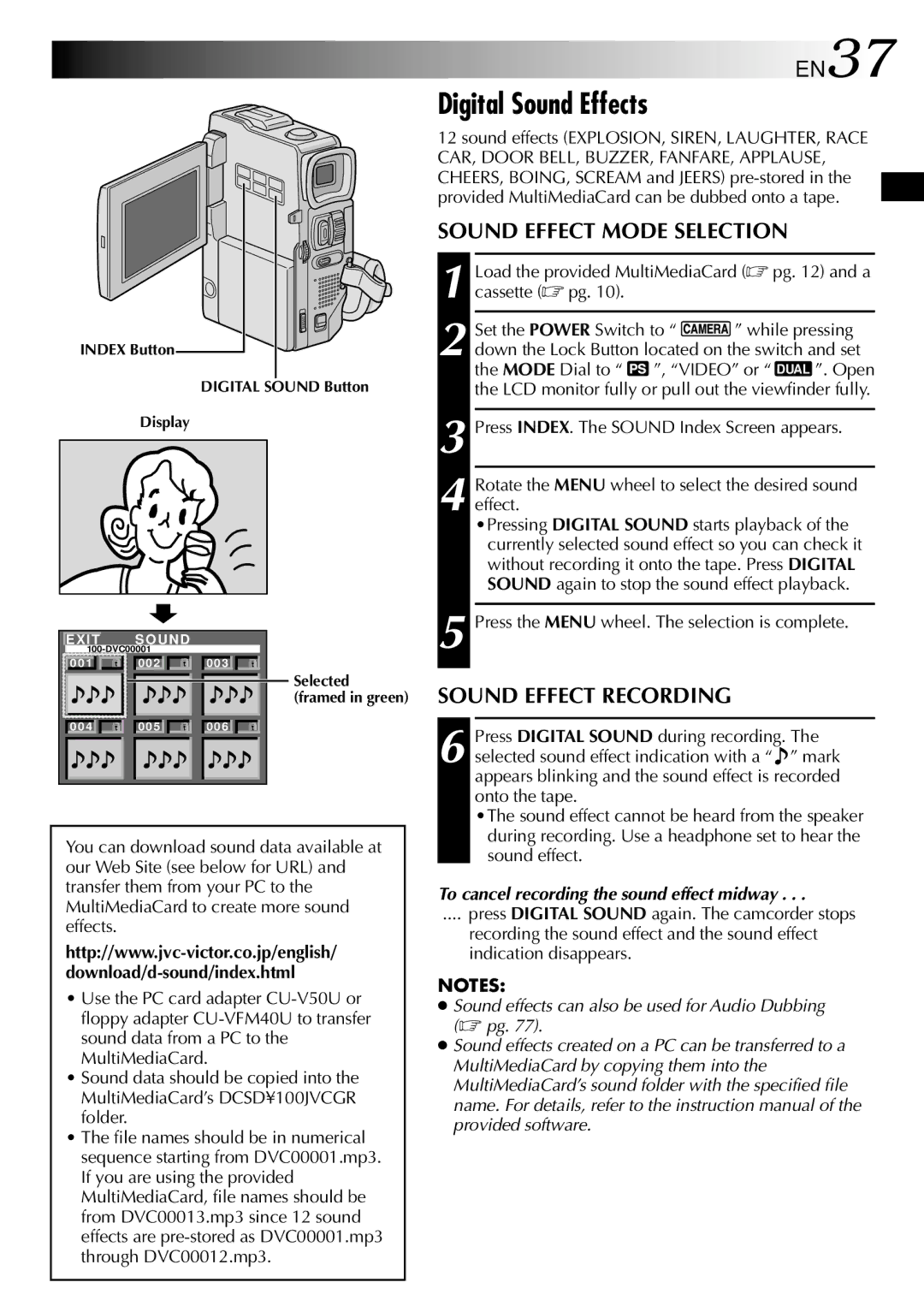 JVC GR-DVX10 specifications Digital Sound Effects, EN37, Sound Effect Mode Selection, Sound Effect Recording 