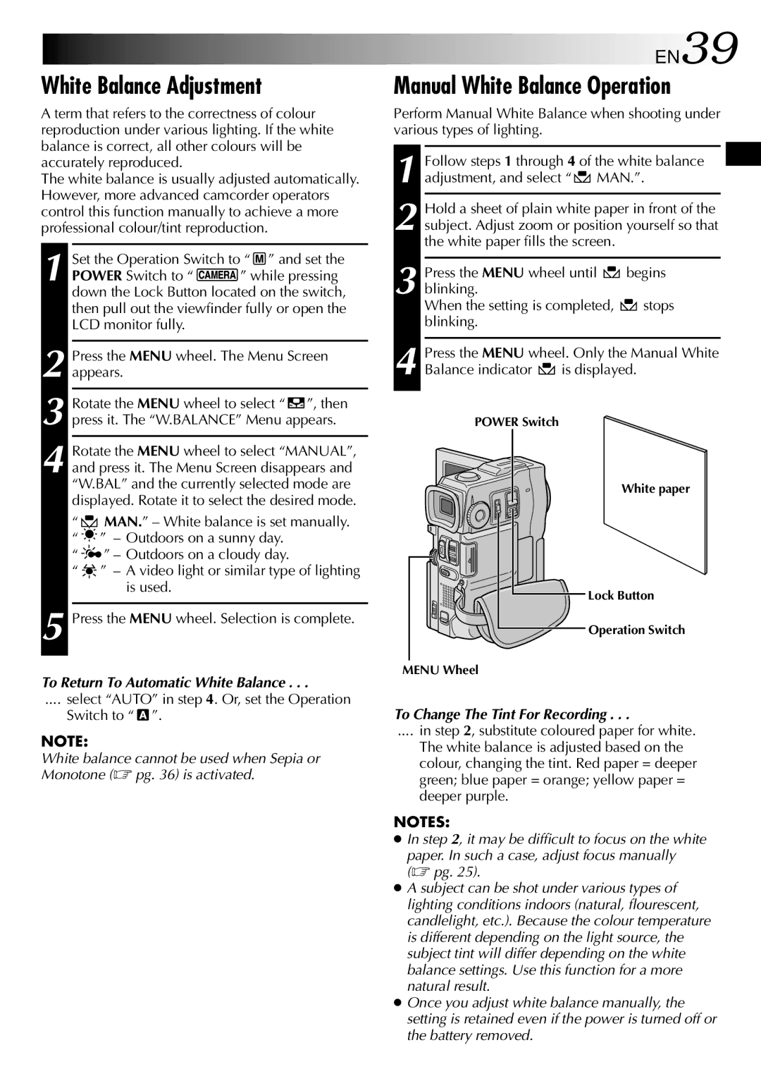 JVC GR-DVX10 White Balance Adjustment, Manual White Balance Operation, EN39, To Return To Automatic White Balance 