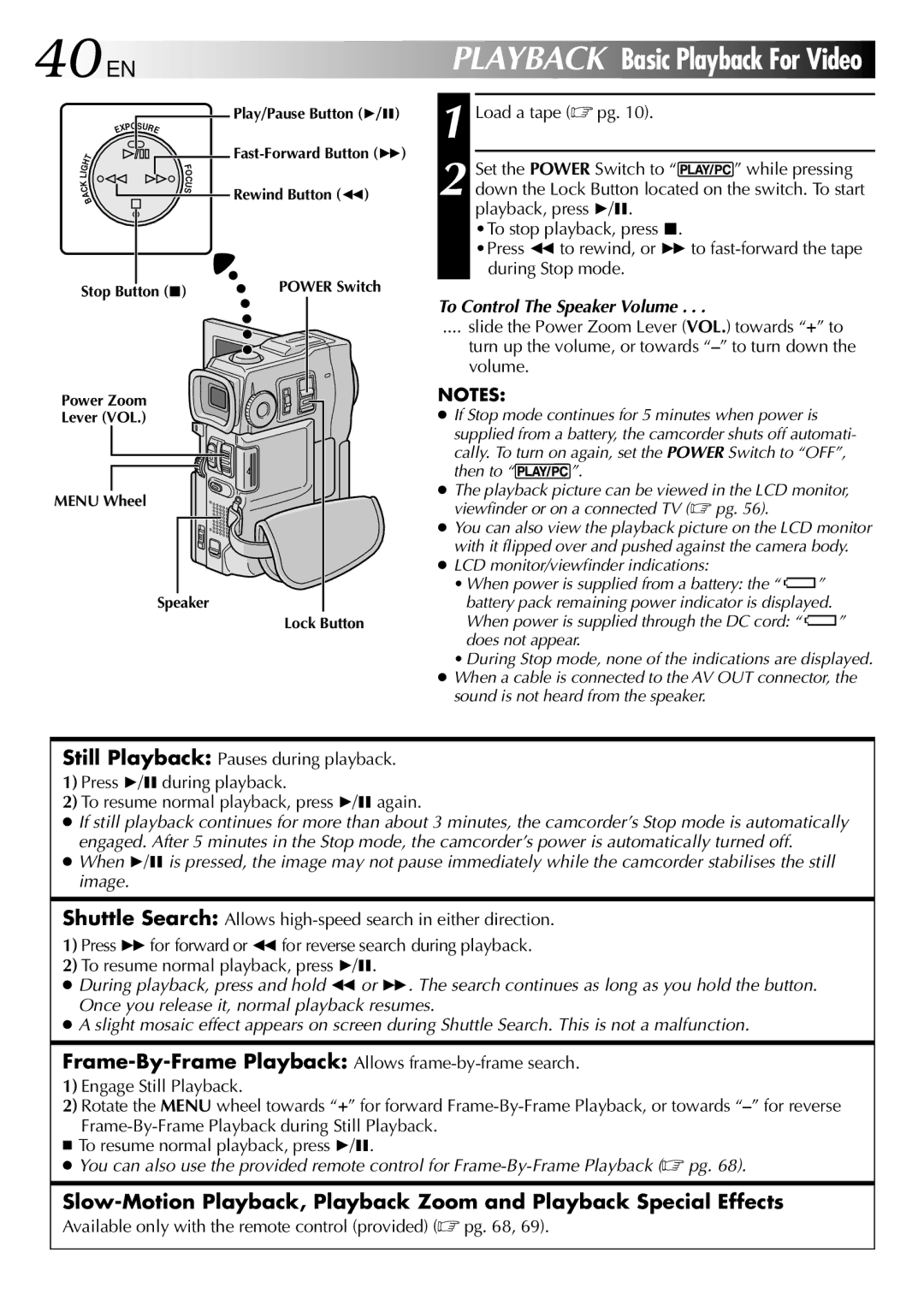 JVC GR-DVX10 specifications To Control The Speaker Volume, Available only with the remote control provided  pg 