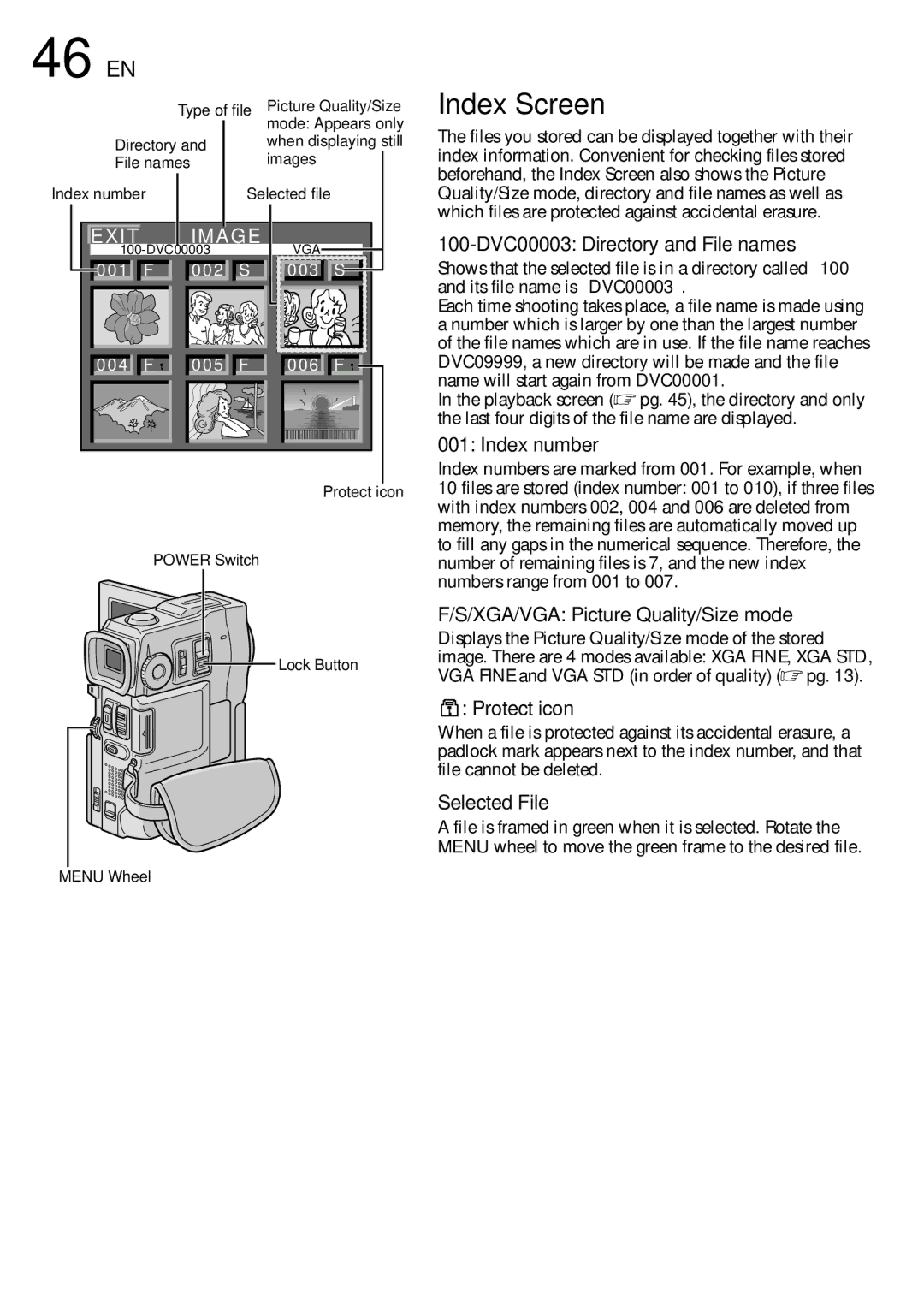 JVC GR-DVX10 Index Screen, Type of file, Directory, File names Images, Protect icon Power Switch Lock Button Menu Wheel 