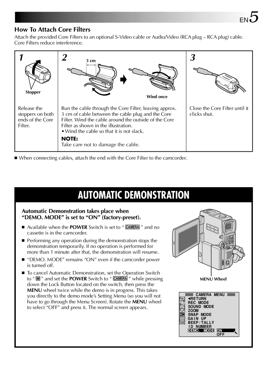 JVC GR-DVX10 How To Attach Core Filters, Release the stoppers on both ends of the Core Filter, Stopper, Wind once 