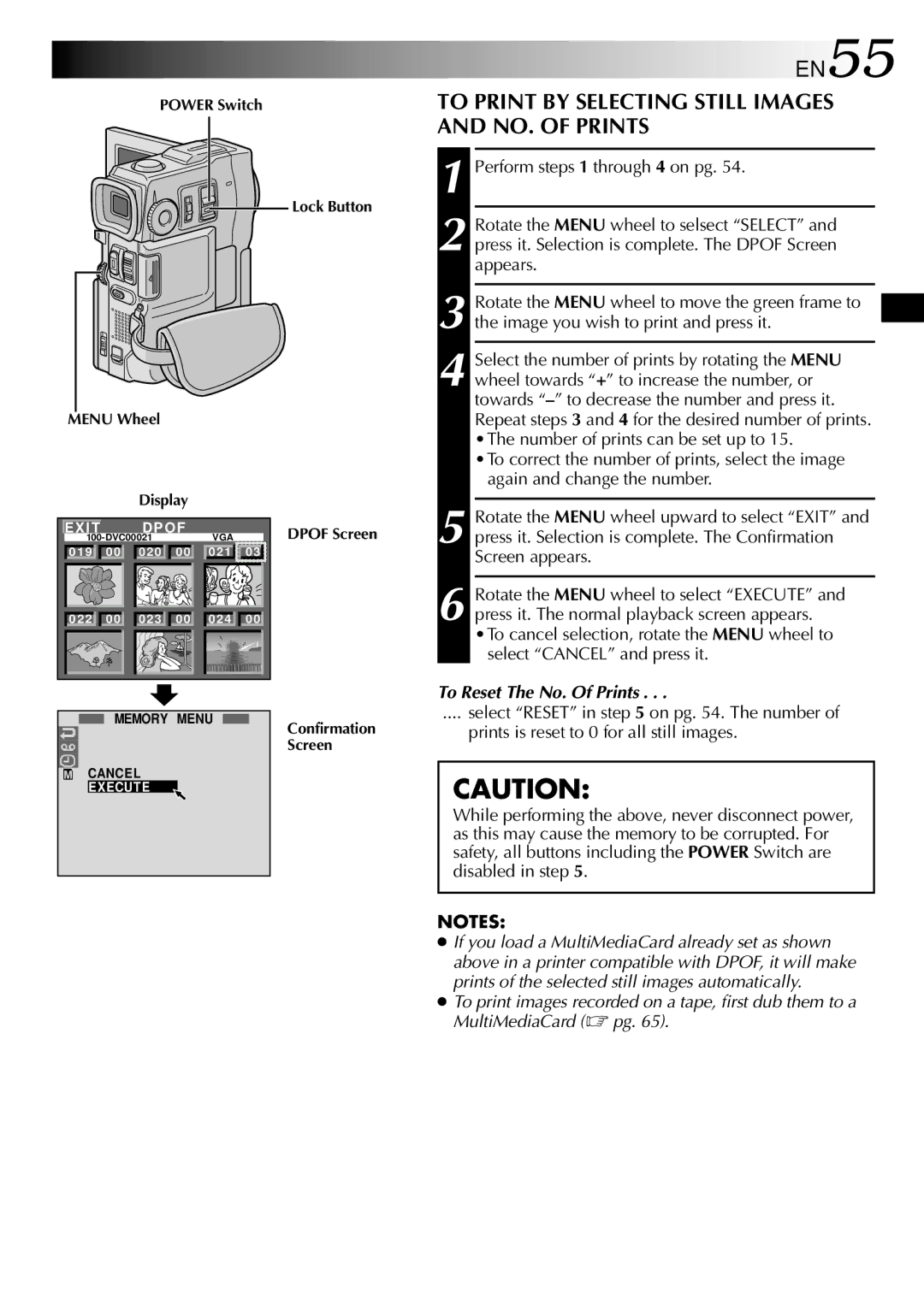 JVC GR-DVX10 specifications EN55, To Print by Selecting Still Images and NO. of Prints, To Reset The No. Of Prints 