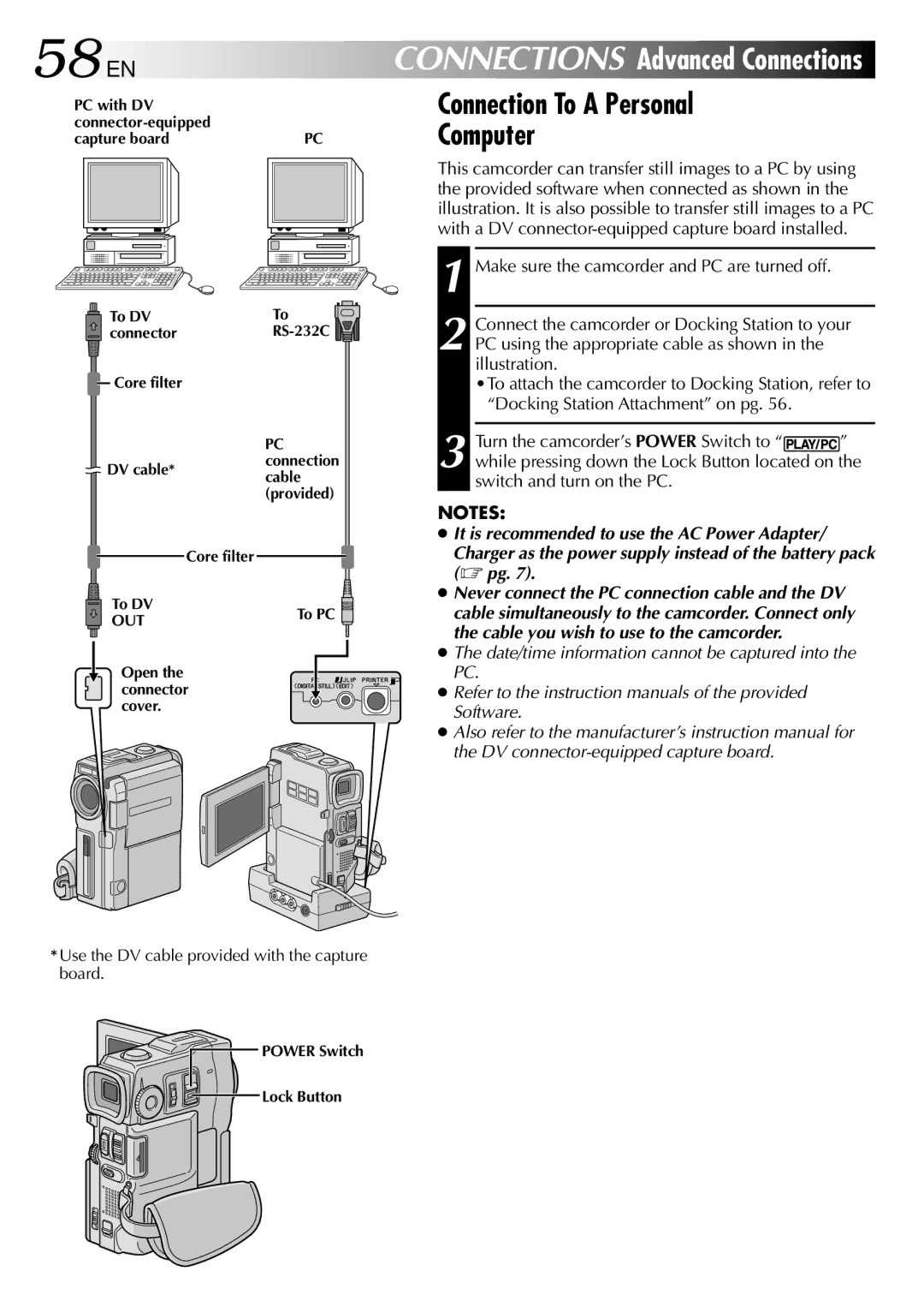 JVC GR-DVX10 specifications 58 EN, Connection To a Personal Computer, Cable, Core filter To DV, Open Connector Cover 