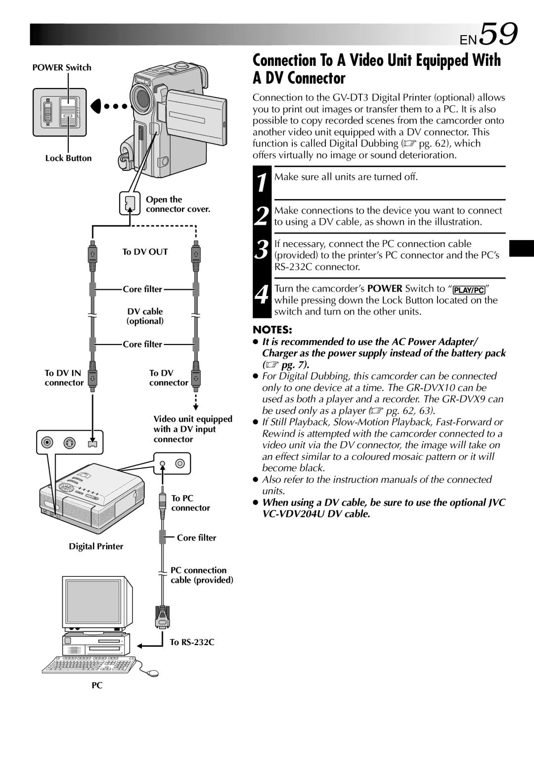 JVC GR-DVX10 Connection To a Video Unit Equipped With a DV Connector, EN59, With a DV input, Core filter Digital Printer 