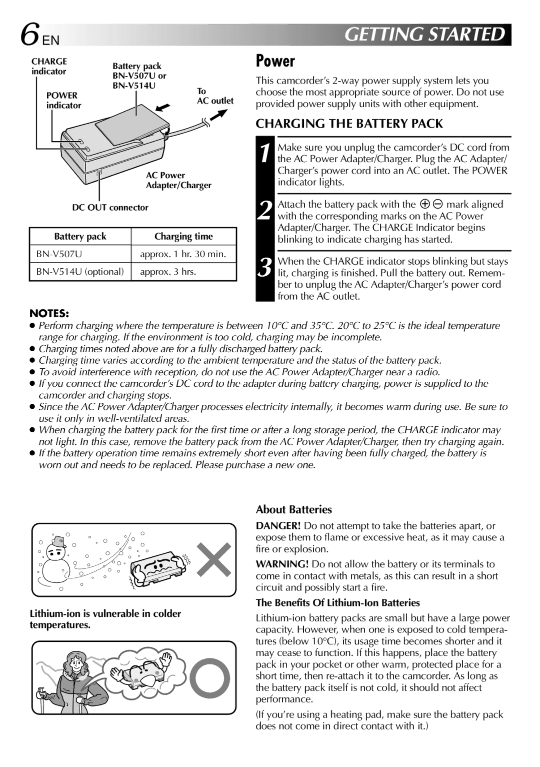 JVC GR-DVX10 specifications Power, Charging the Battery Pack, Lithium-ion is vulnerable in colder temperatures 