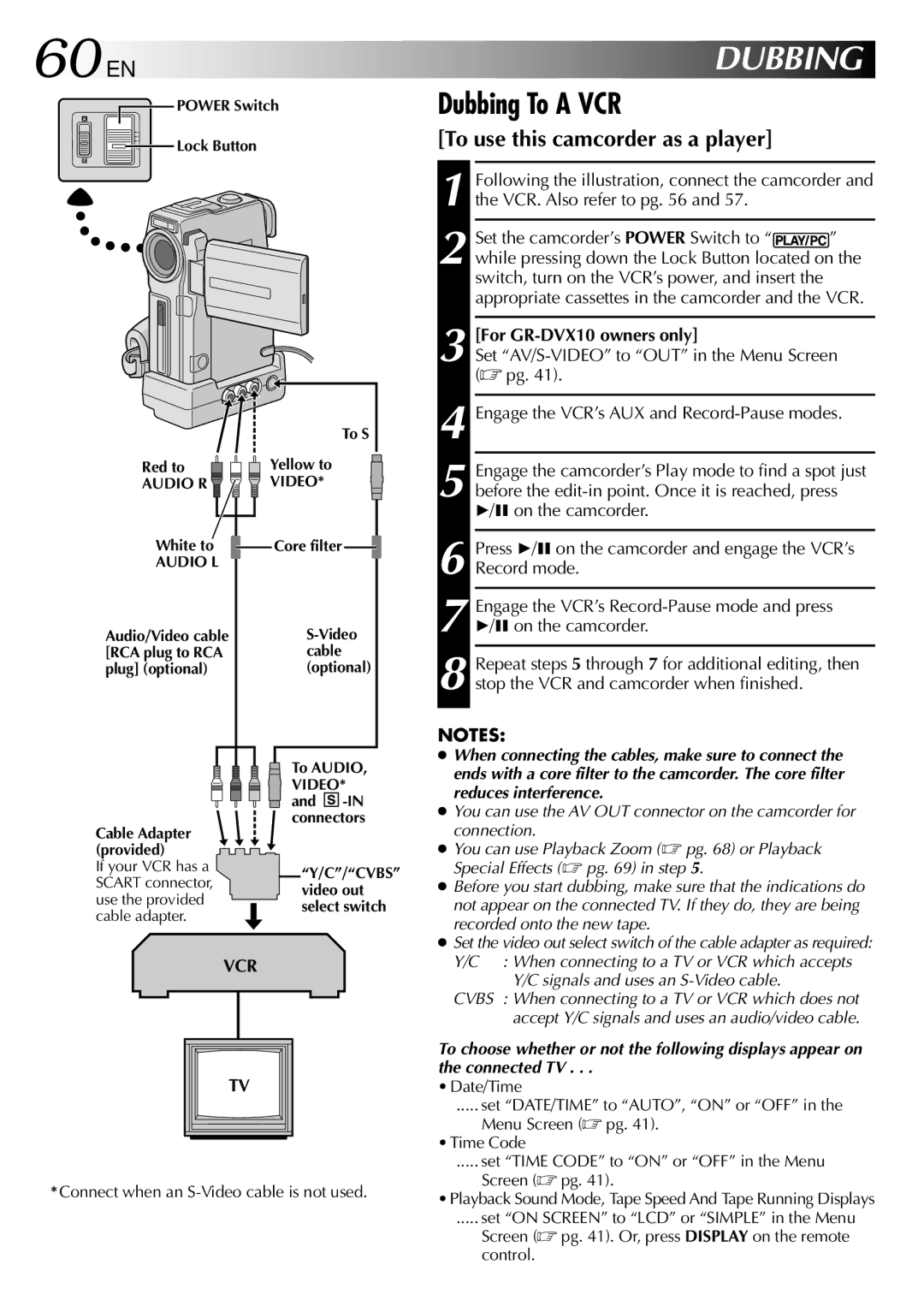 JVC specifications 60 EN, Dubbing To a VCR, To use this camcorder as a player, For GR-DVX10 owners only 
