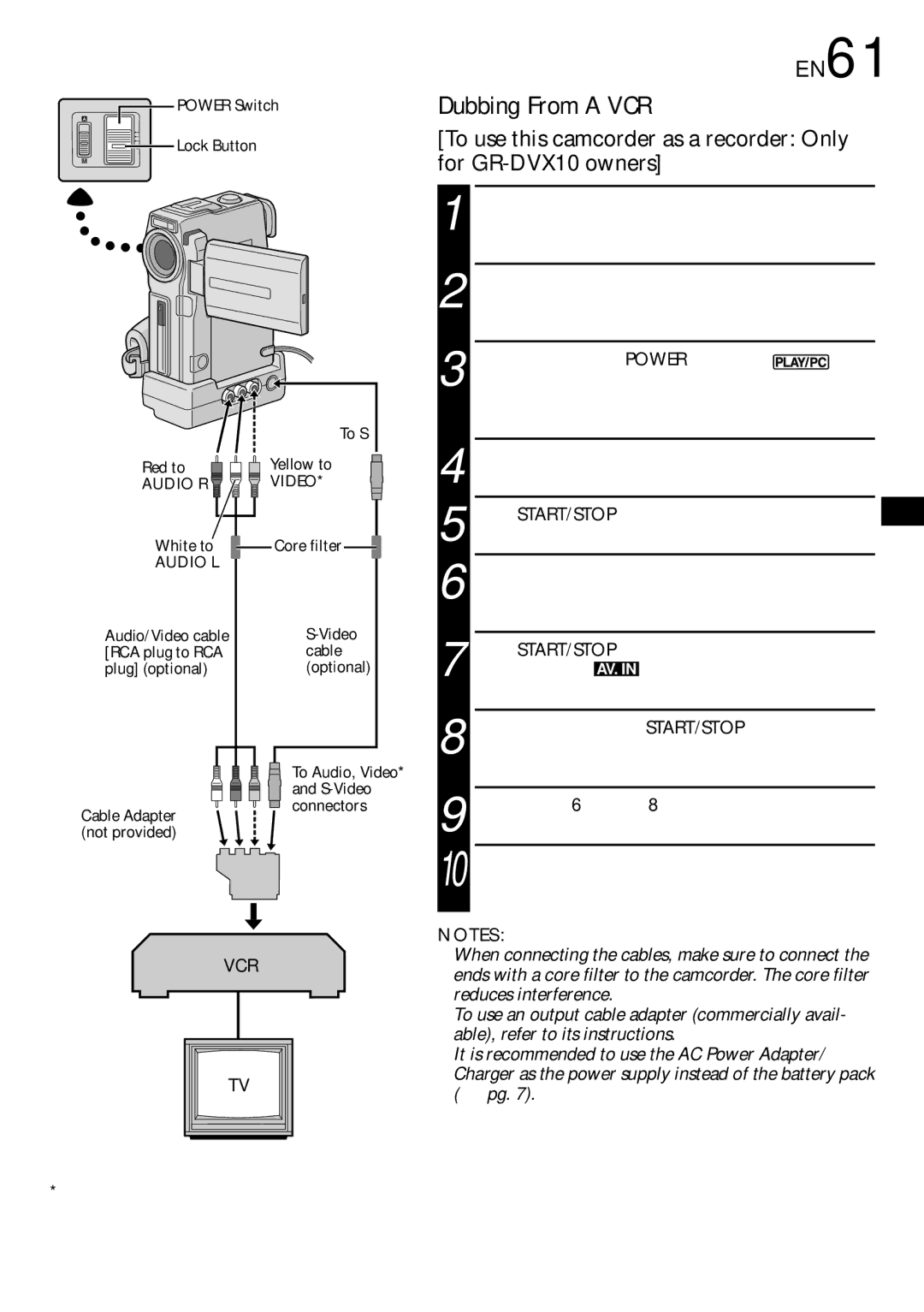 JVC GR-DVX10 specifications Dubbing From a VCR, EN61, Lock Button To S Red to Yellow to 