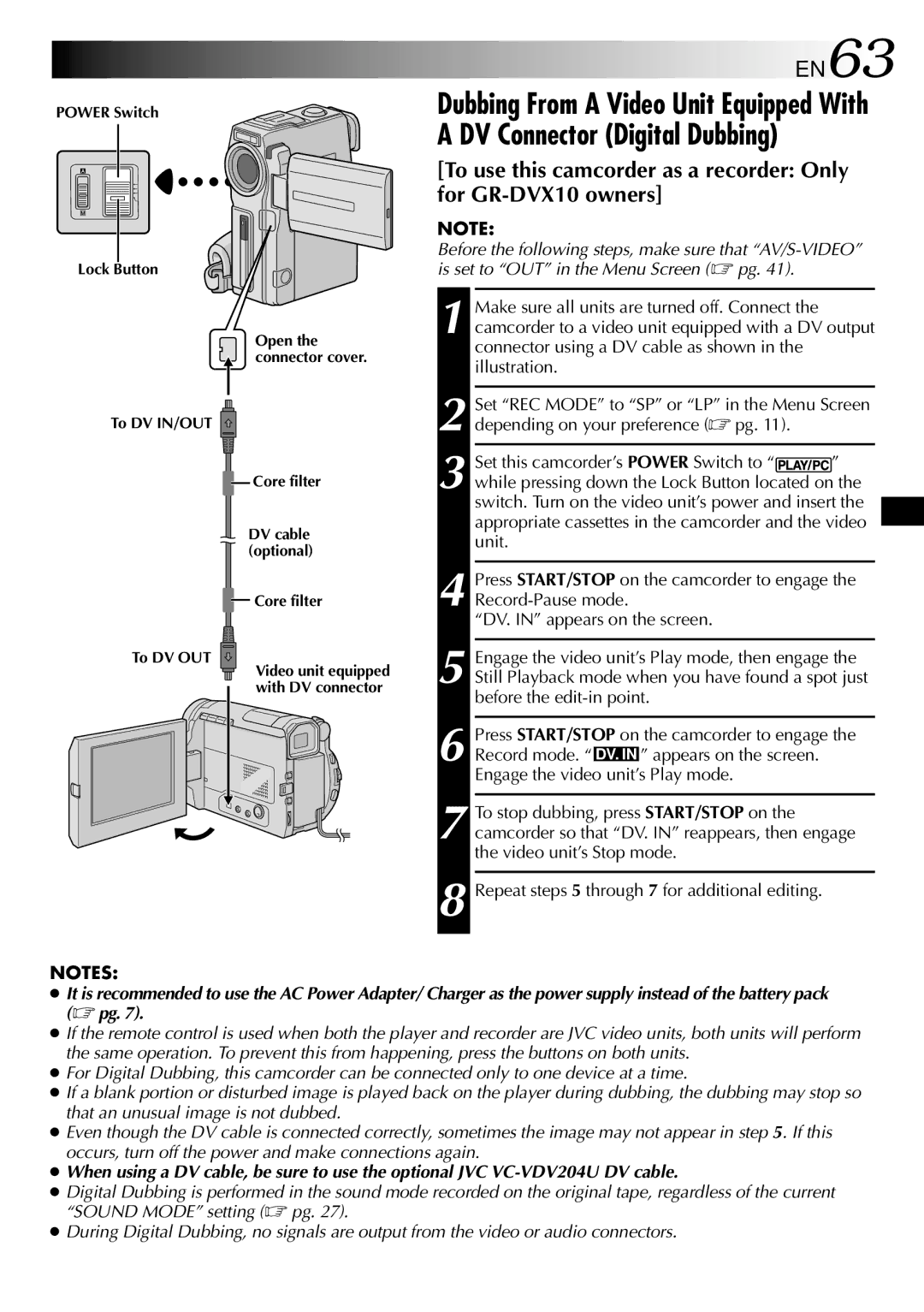 JVC GR-DVX10 specifications EN63, To DV IN/OUT Core filter DV cable optional To DV OUT 