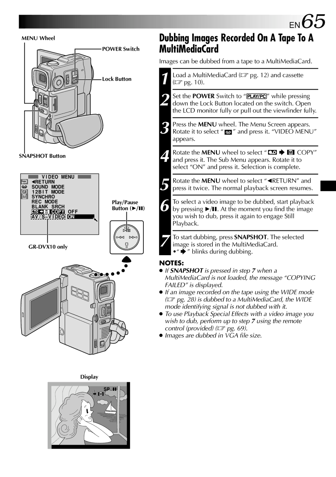 JVC GR-DVX10 Dubbing Images Recorded On a Tape To a MultiMediaCard, EN65, Menu Wheel Power Switch Lock Button 