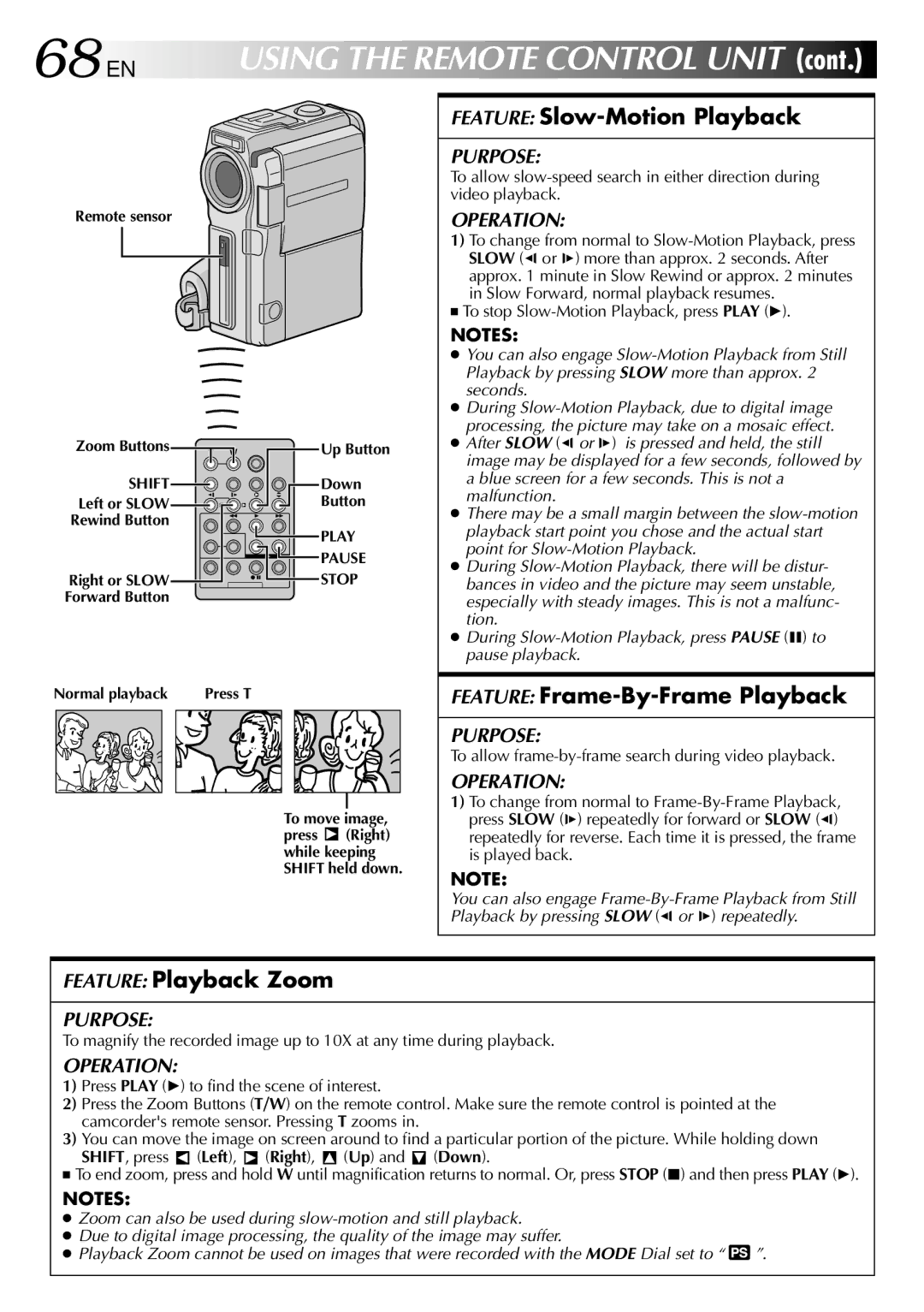 JVC GR-DVX10 specifications 68 EN, Feature Slow-Motion Playback, Feature Frame-By-Frame Playback, Feature Playback Zoom 