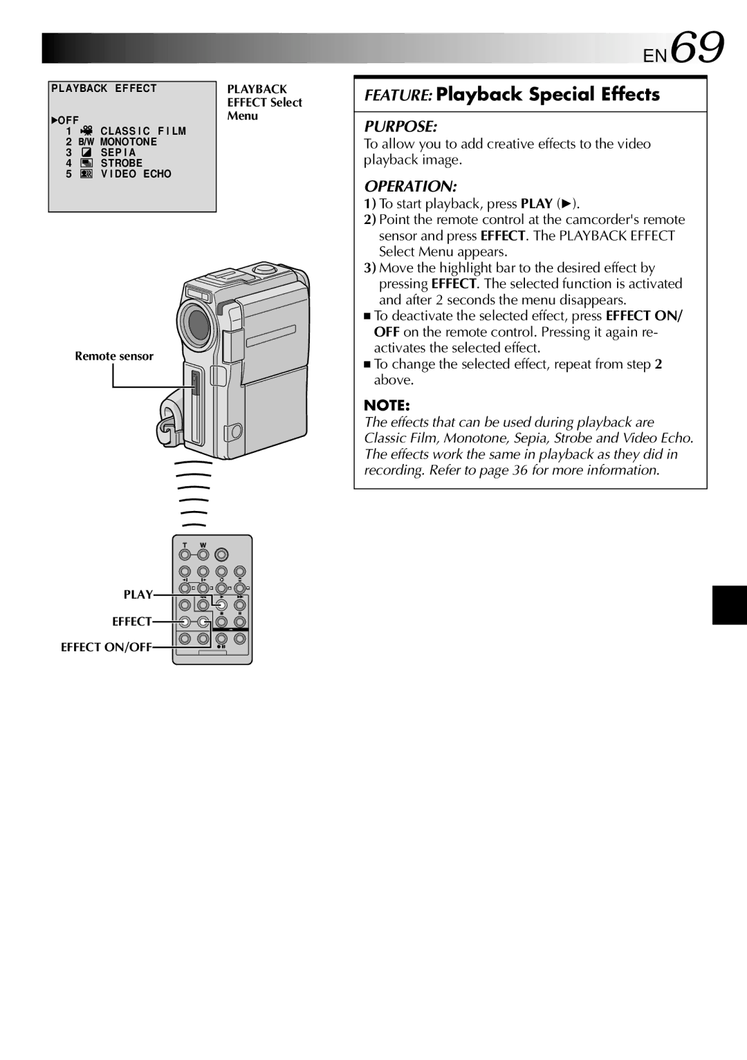 JVC GR-DVX10 specifications EN69, Feature Playback Special Effects, Effect Select Menu 