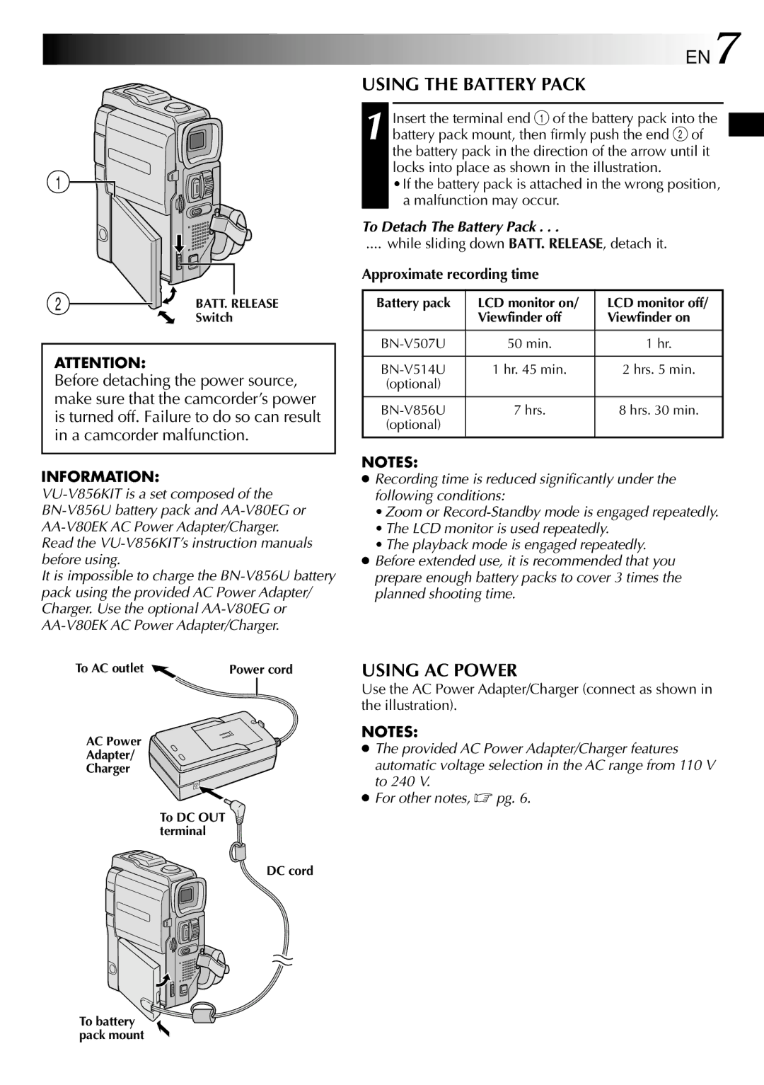 JVC GR-DVX10 specifications Using the Battery Pack, Using AC Power, To Detach The Battery Pack, Approximate recording time 