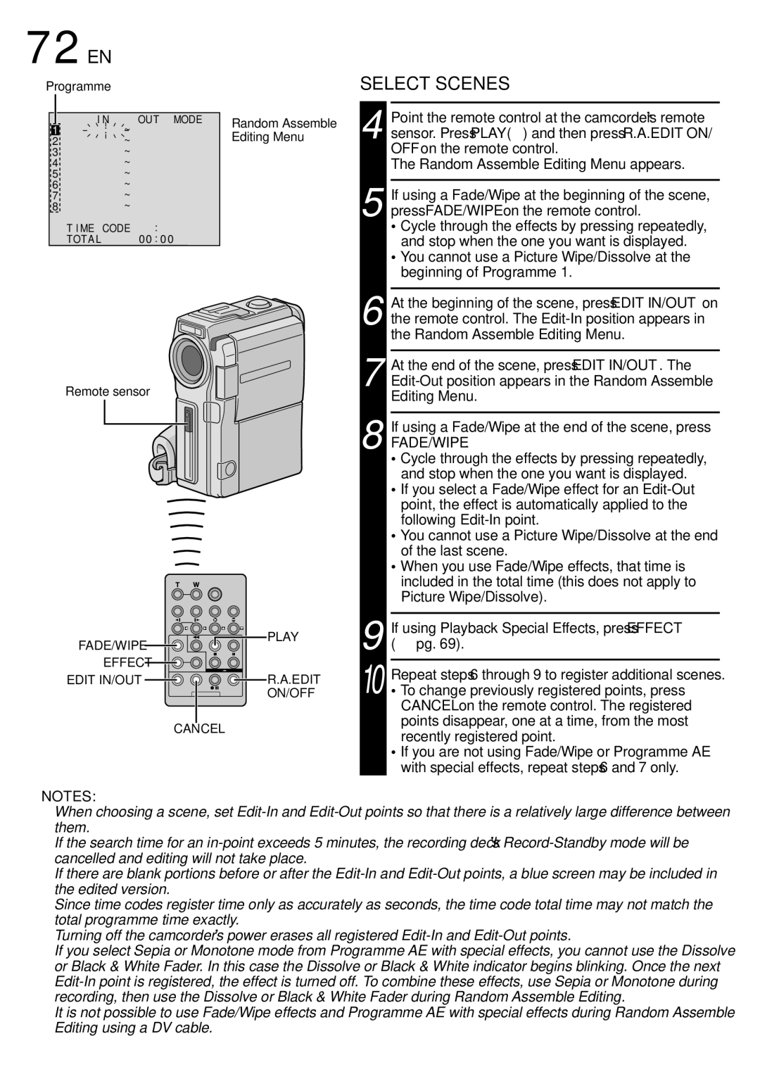 JVC GR-DVX10 specifications 72 EN, Select Scenes, Editing Menu 