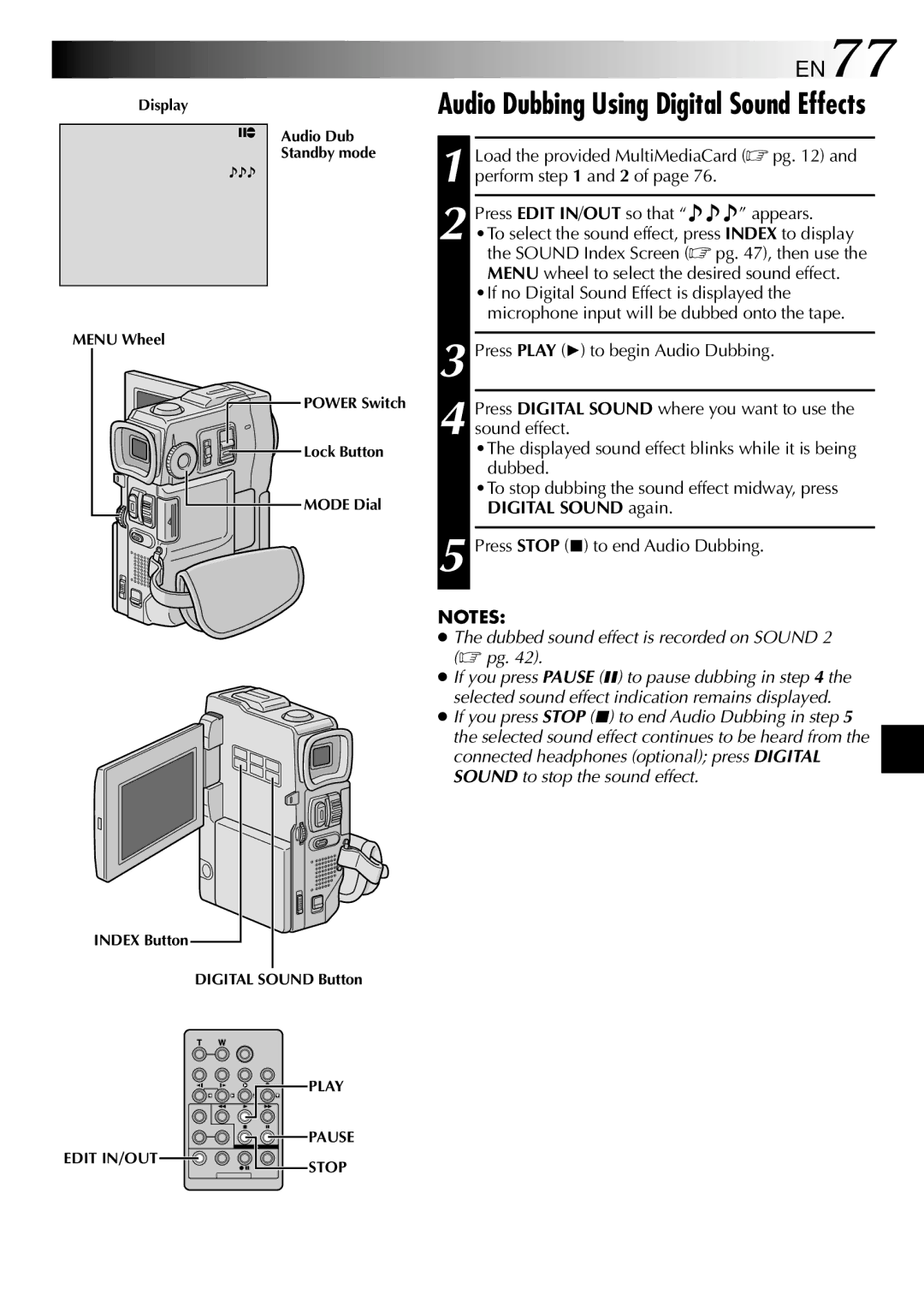 JVC GR-DVX10 specifications EN77, Audio Dubbing Using Digital Sound Effects 