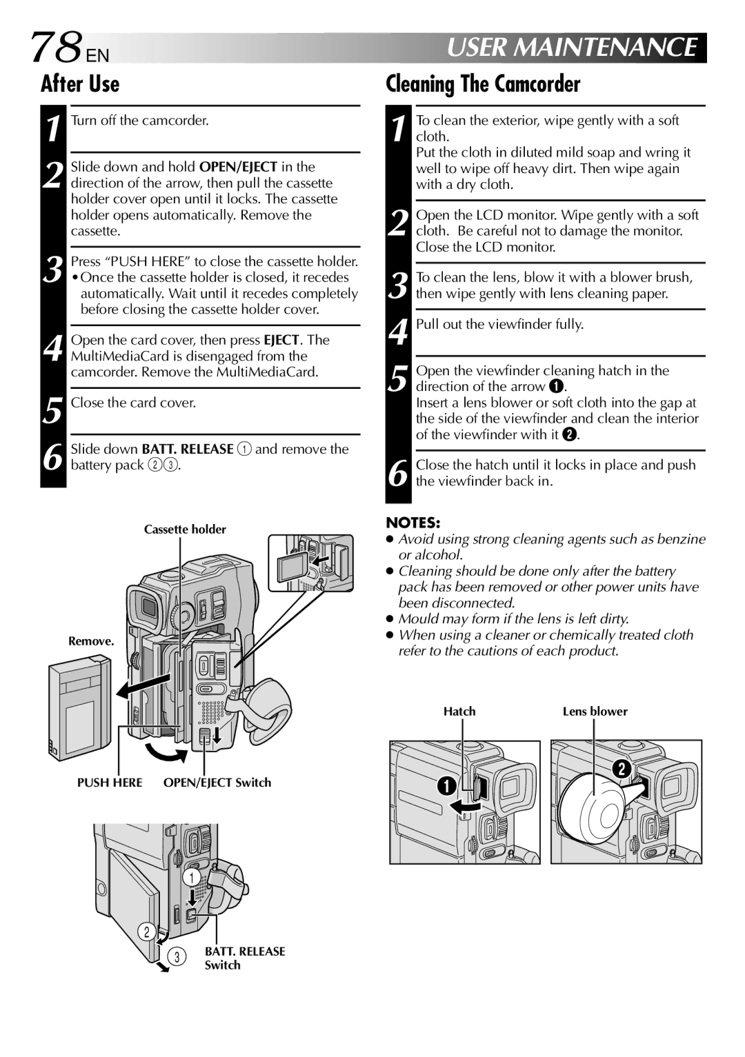 JVC GR-DVX10 specifications 78 EN, After Use, Cleaning The Camcorder, Cassette holder Remove 