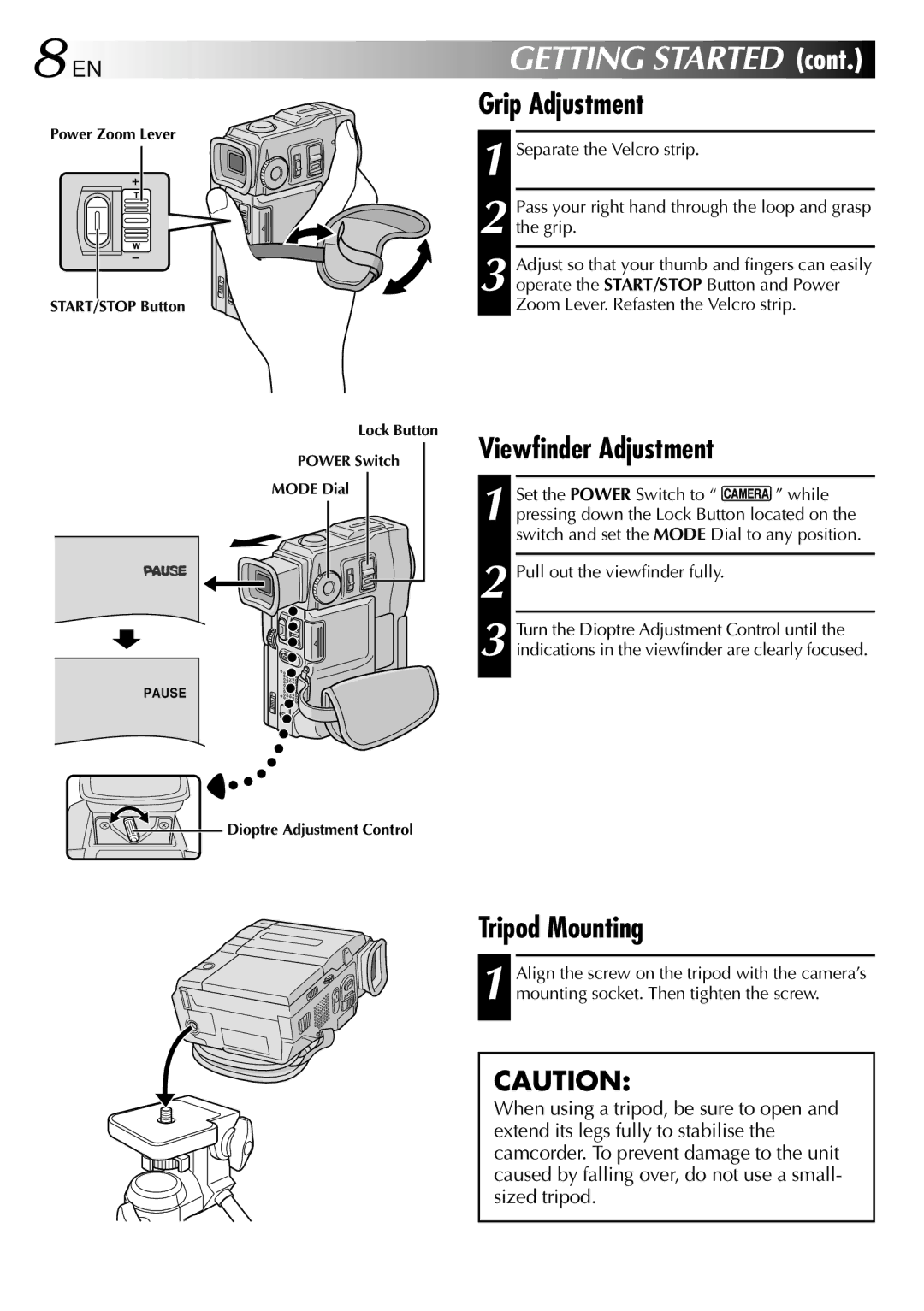 JVC GR-DVX10 specifications Grip Adjustment, Viewfinder Adjustment, Tripod Mounting, Pull out the viewfinder fully 