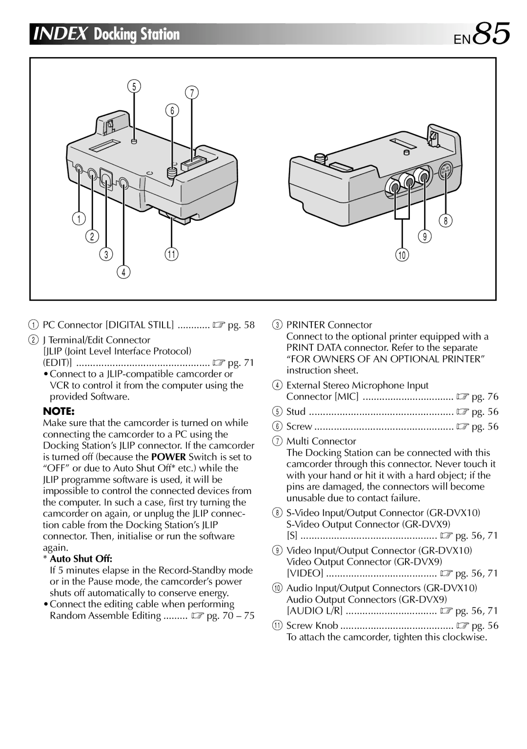 JVC GR-DVX10 EN85, Auto Shut Off, Shuts off automatically to conserve energy, Printer Connector, Multi Connector 